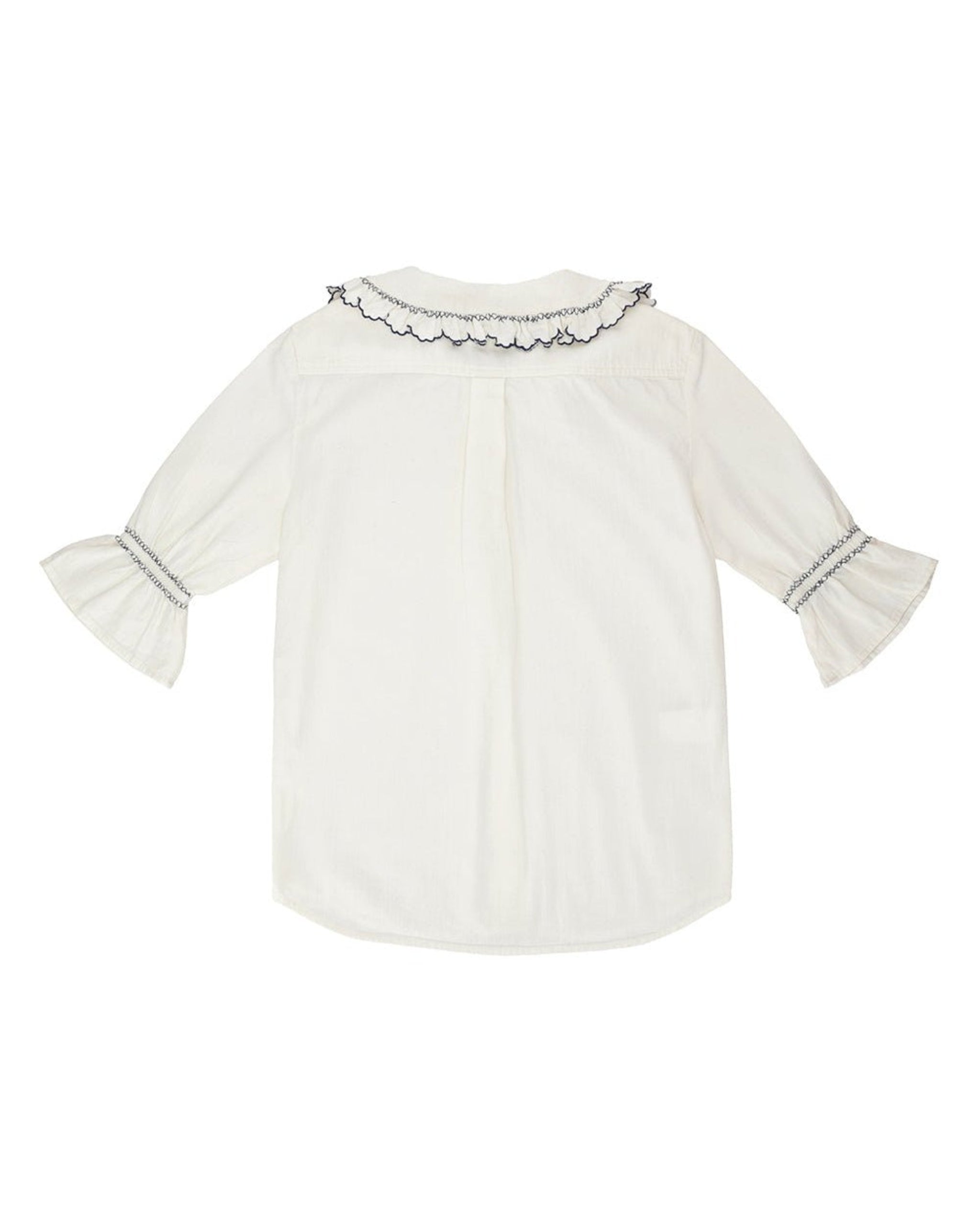 Back of a white blouse with a collar and puff sleeves with navy blue decorative stitching.