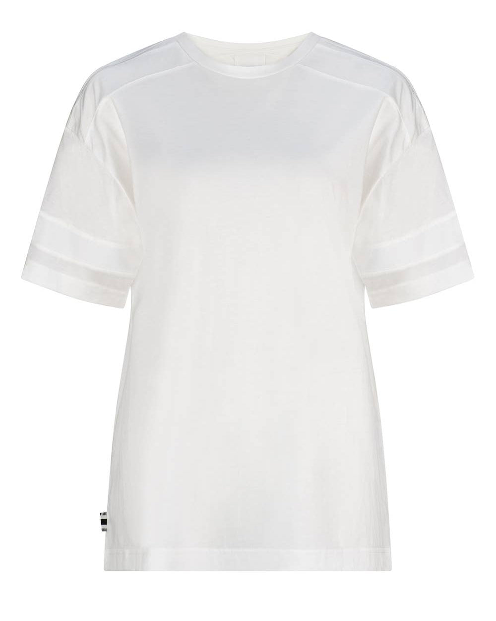 Front of white t-shirt with a crew neck and white grosgrain ribbon around short sleeves