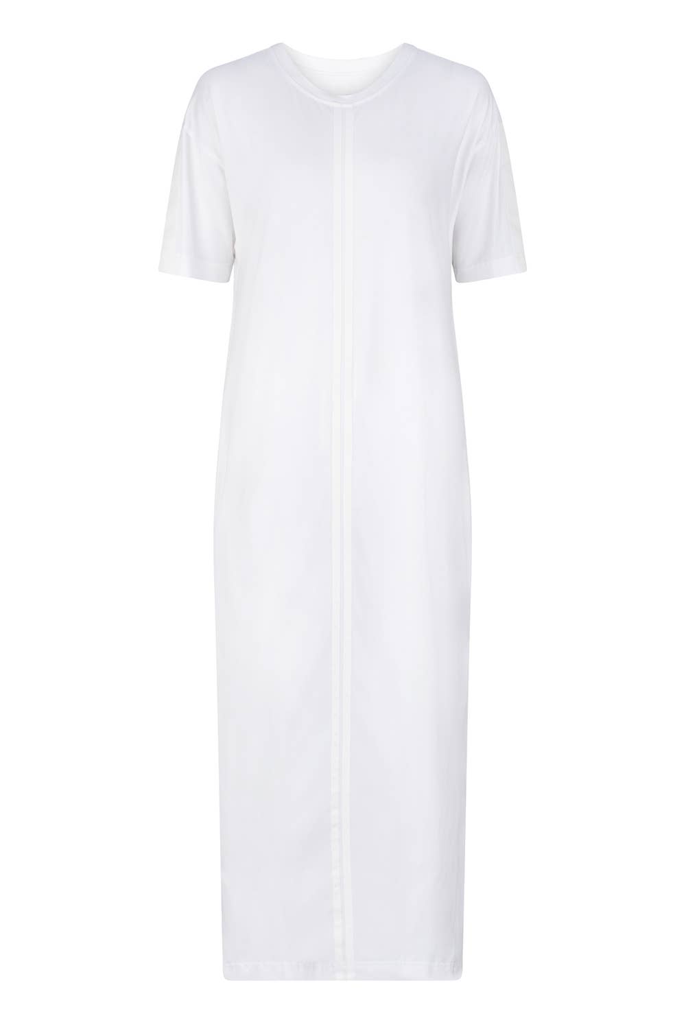 Front of a white t-shirt dress with crew neckline, two grosgrain ribbon stripes and short sleeves - ANNIE.G