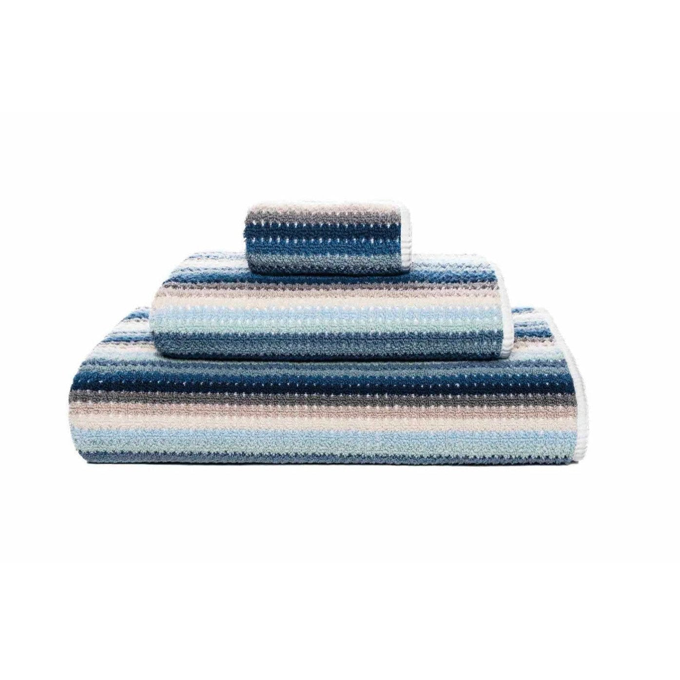 Blue multi stripe Lollypop Washcloth, Hand towel and bath towel folded and stacked - ANNIE.G