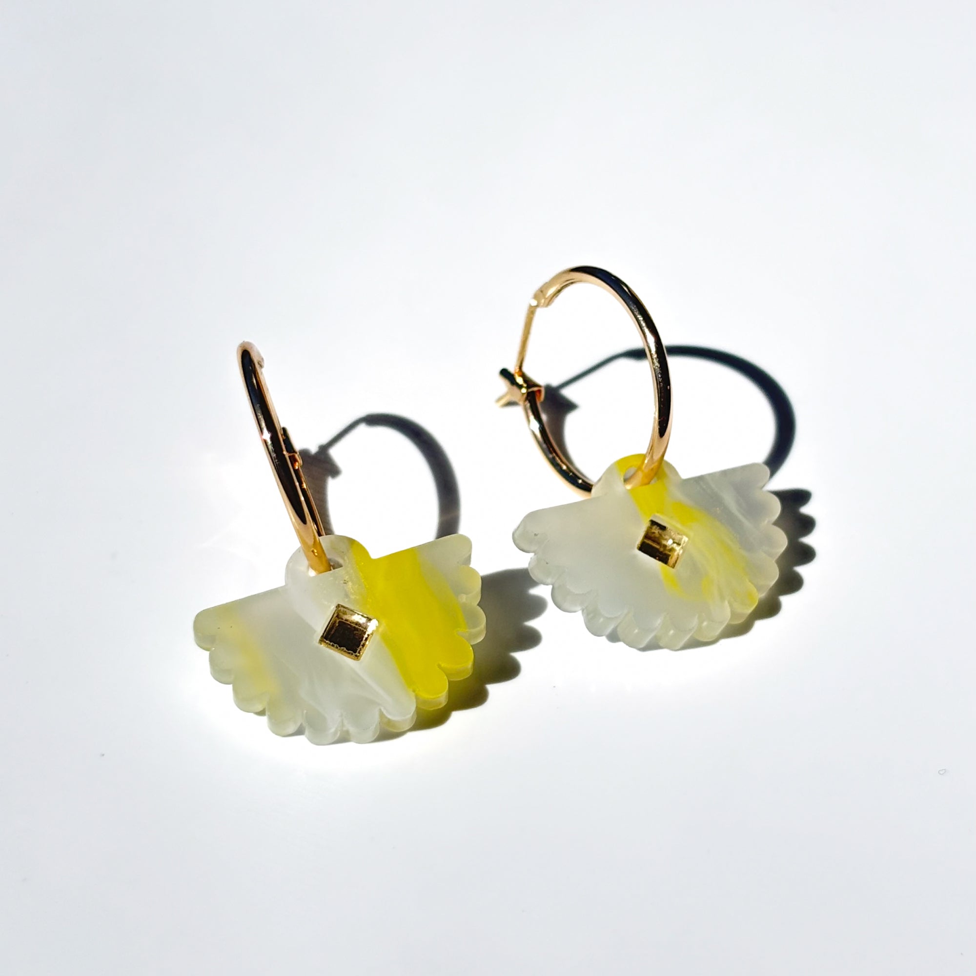 Buttercup and white swirl acrylic in fan shaped earrings with mirror diamond centre on small hoops - ANNIE.G