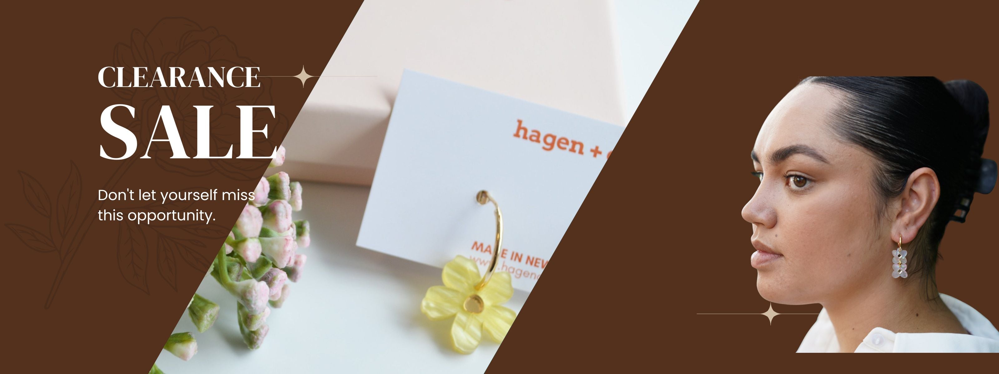 Clearance sale banner with a woman, product packaging, and decorative elements.