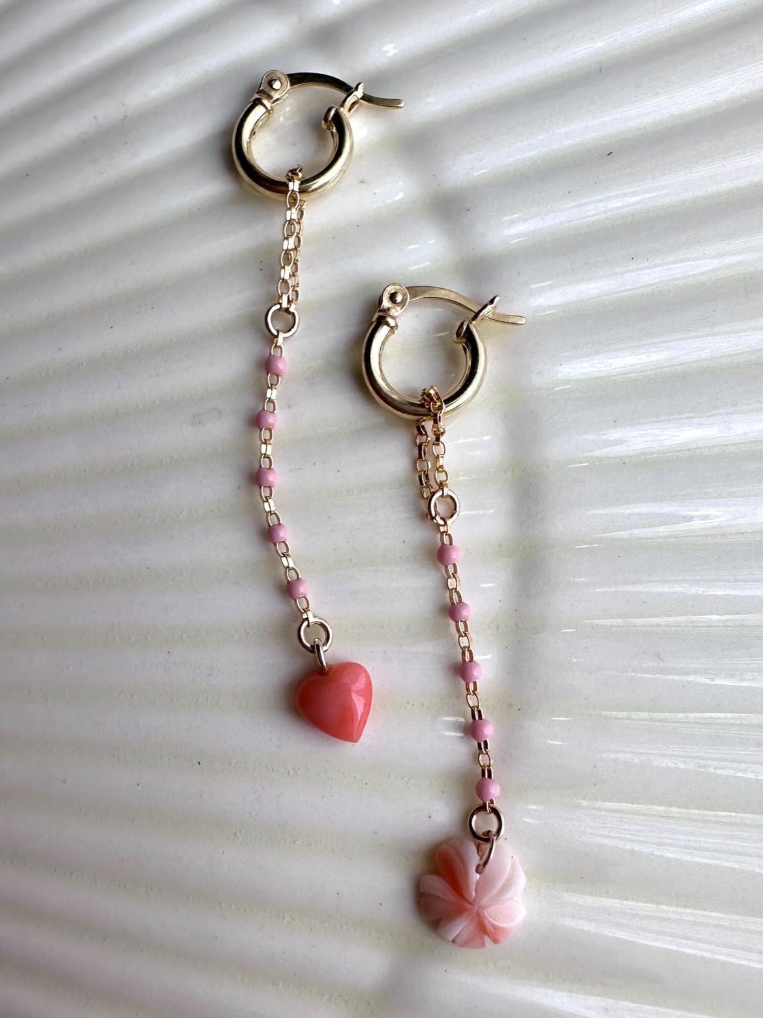 Angel skin coral shaped into a Hibiscus flower and a love heart Mini Hoop Earrings - ANNIE.G