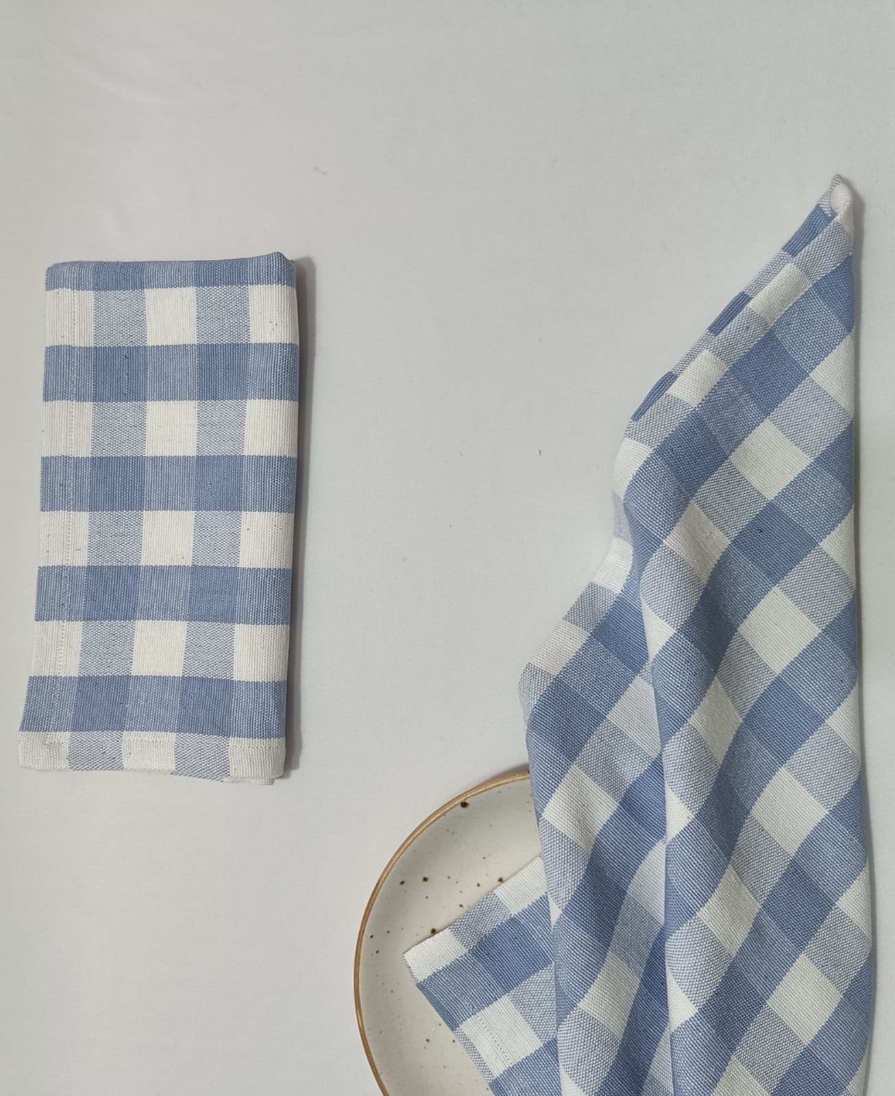 folded-blue-gingham-napkin-next to another-styled-napkin-on-a-plate