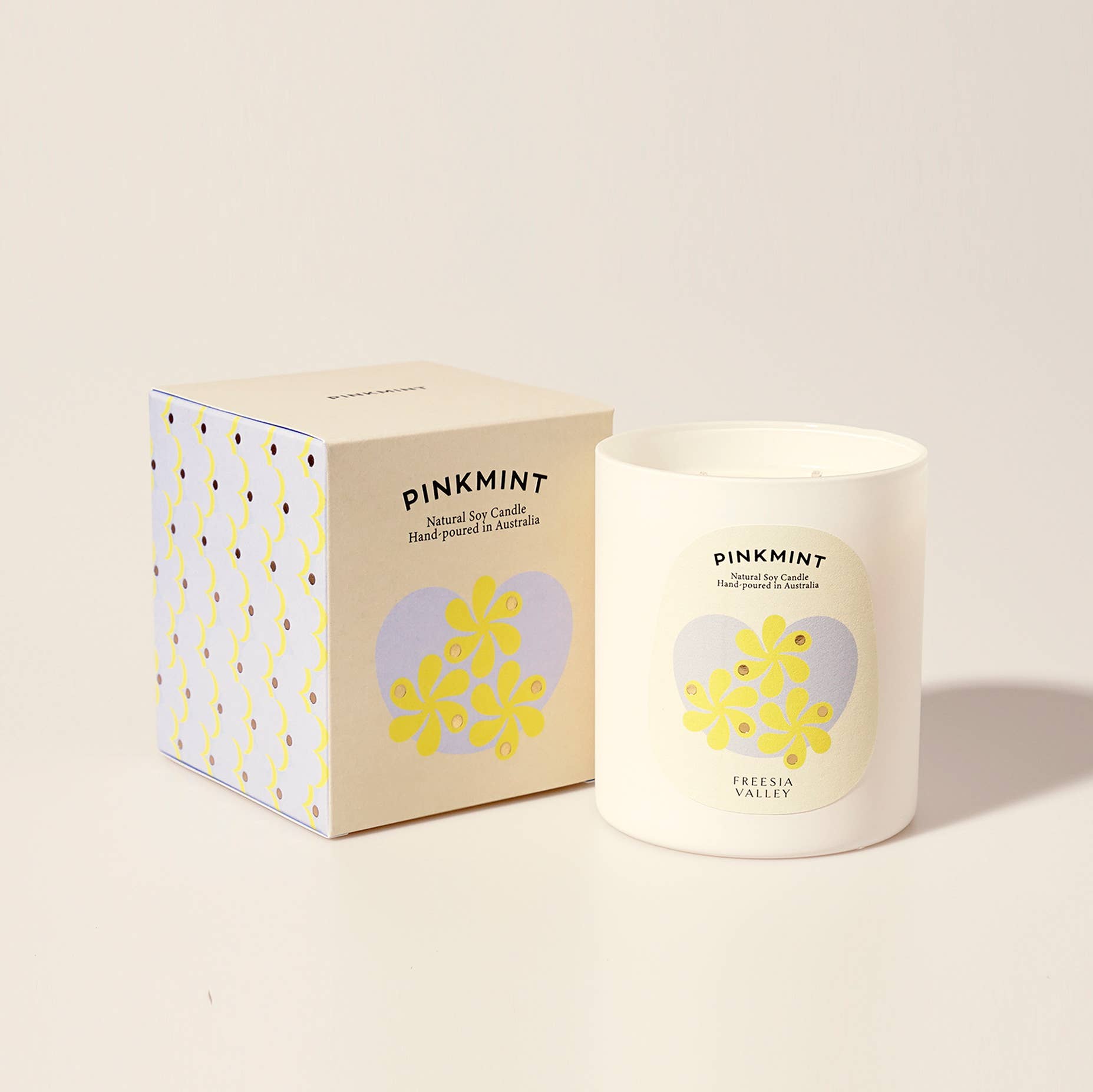 White glass jar candle and it's floral presentation box - ANNIE.G