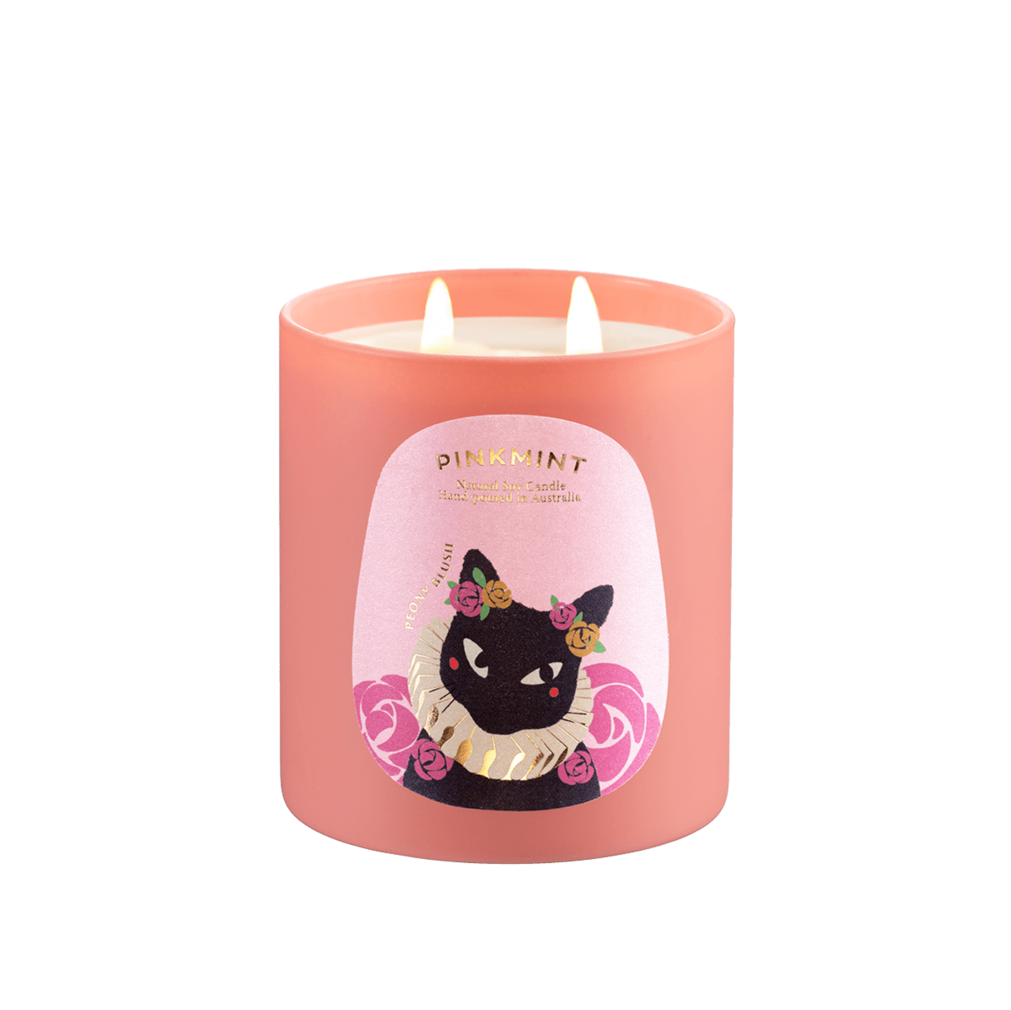 Pink jar with white soy wax candle inside with double wick and cat on a pink label, 250ml - ANNIE.G