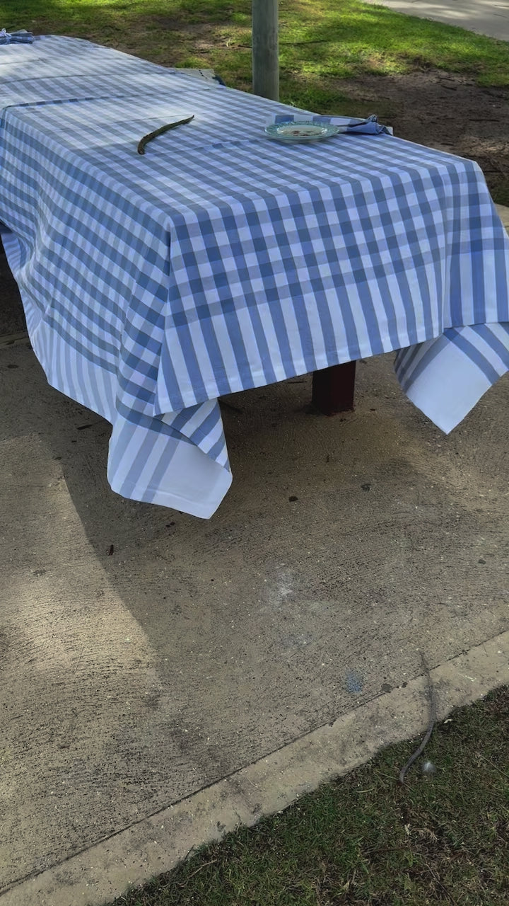 gingham-tablecloth-periwinkle-hemmed-edge-on-table-blowing-in-the-wind-plate-and-tea-towel-on-top