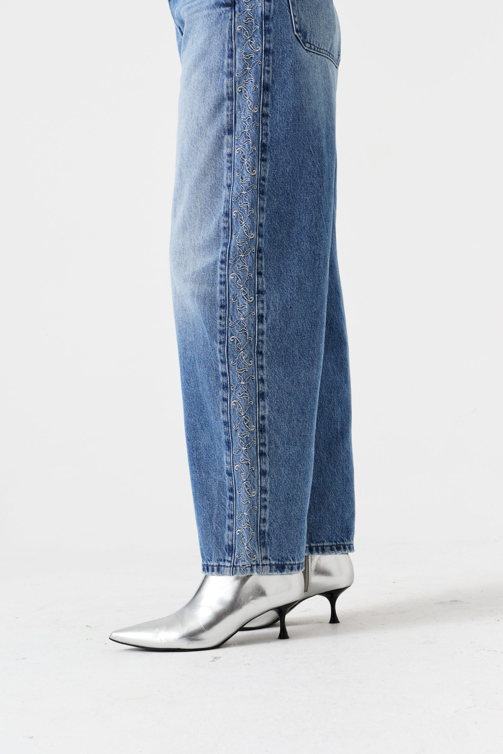 Closeup of side embroidery detail on jeans.