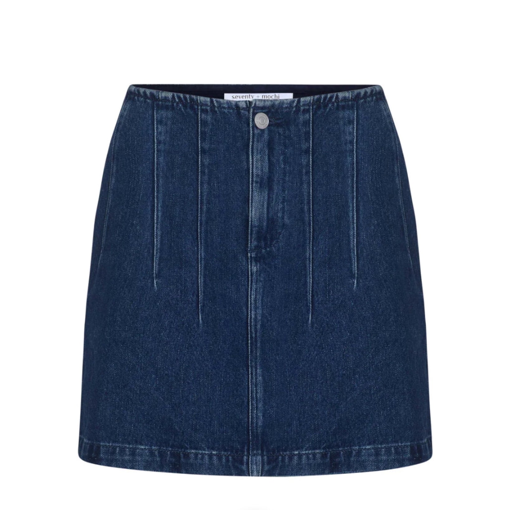 Blue denim mini skirt.