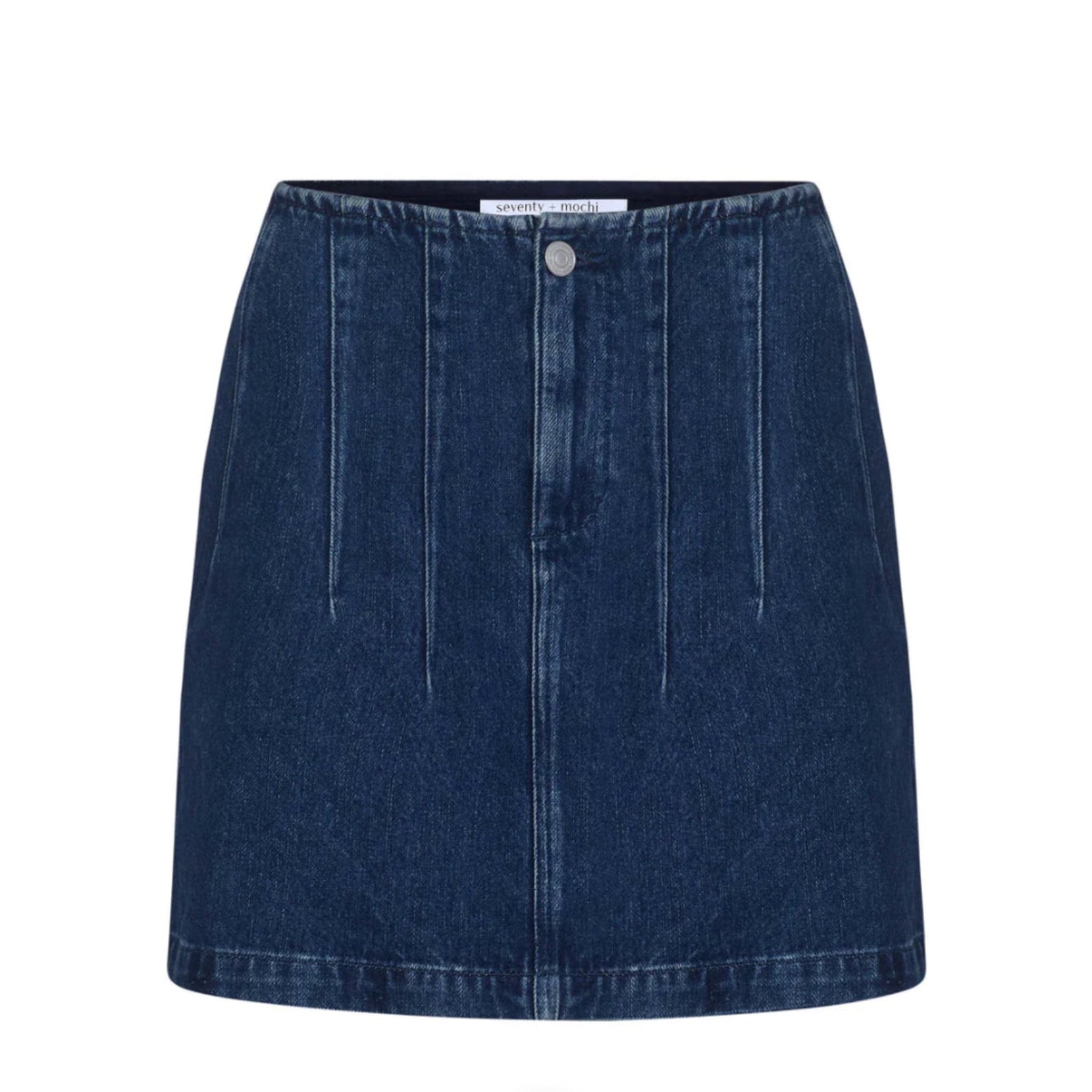 Blue denim mini skirt with corset seam detailing and front button.