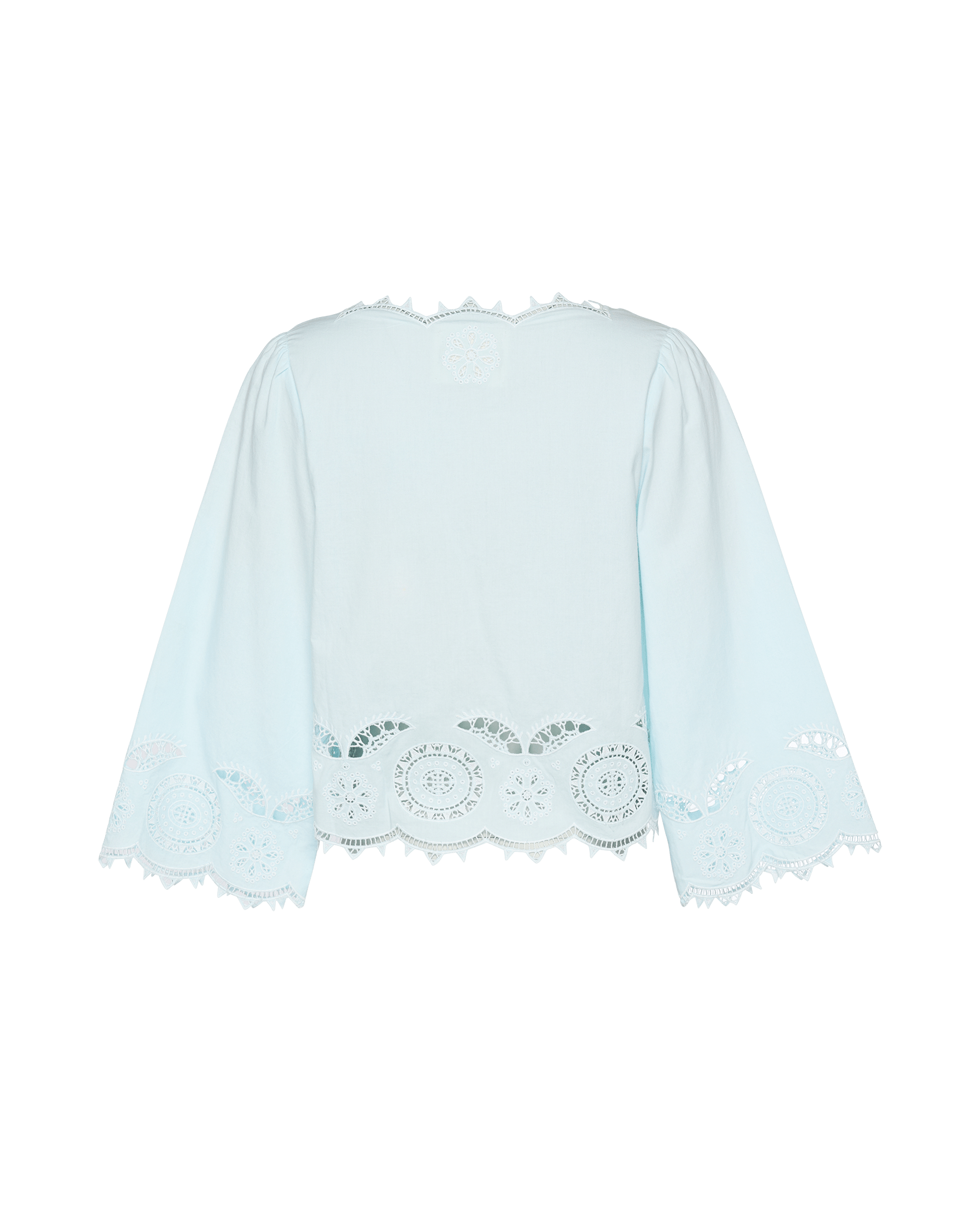 Back of a light blue top with cutwork embroidery and long sleeves with two front ties - ANNIE.G