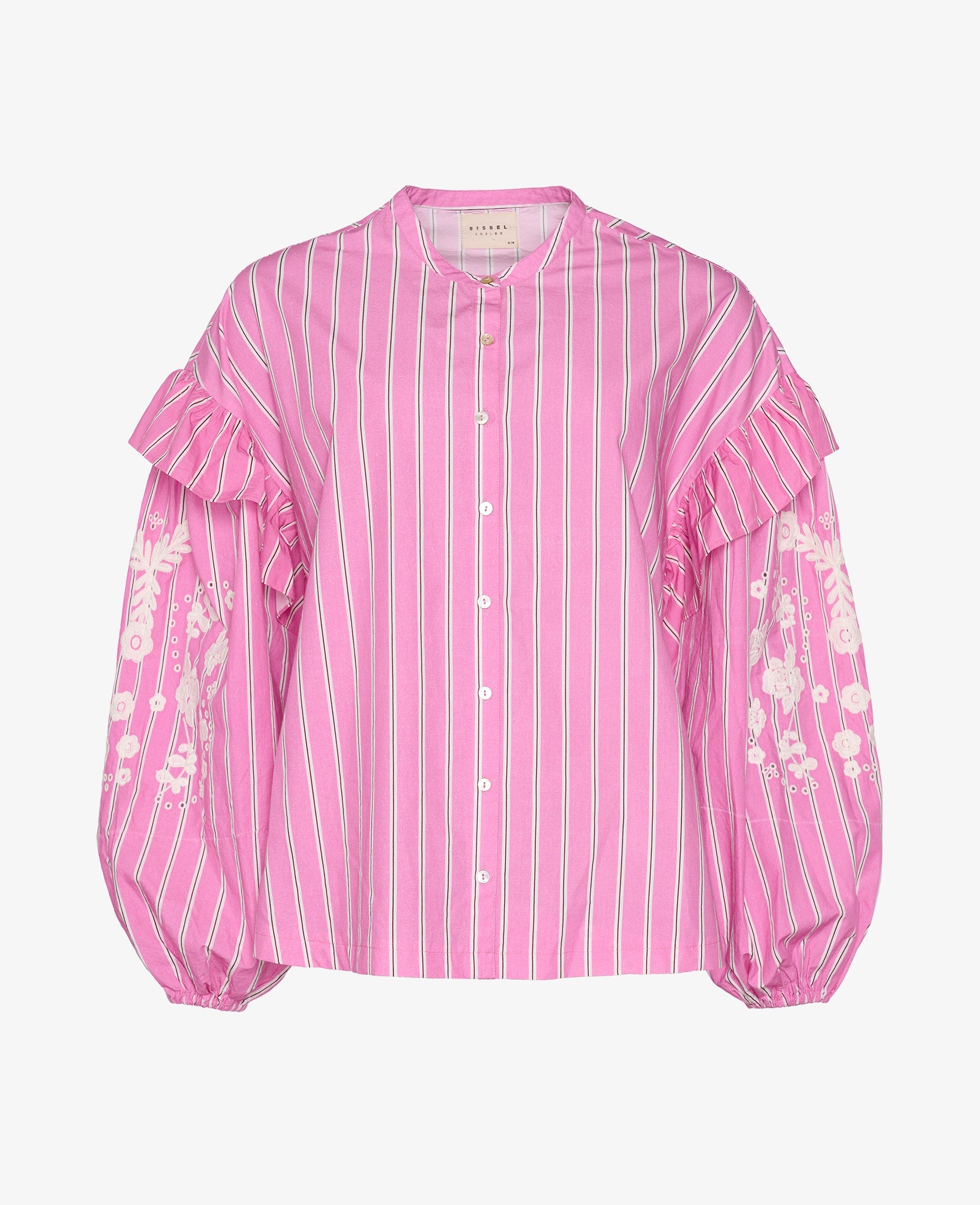 Pink strip shirt with frill around top of long sleeve with white embroidery and front buttons - ANNIE.G