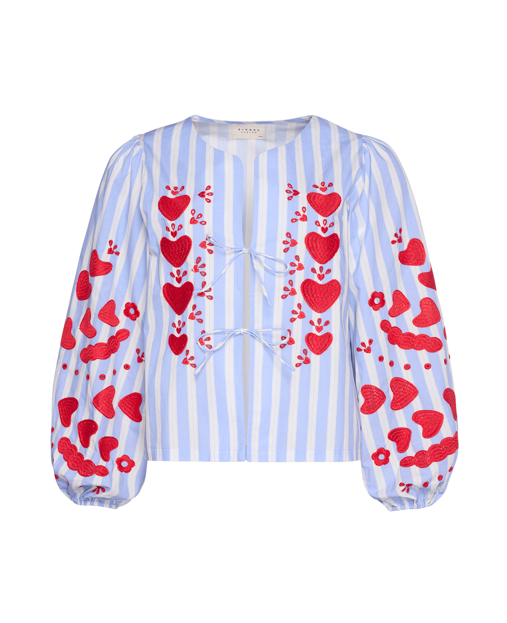 Front of blue and white stripe women's top with two tie closures, long sleeves and pink heart embroidery.