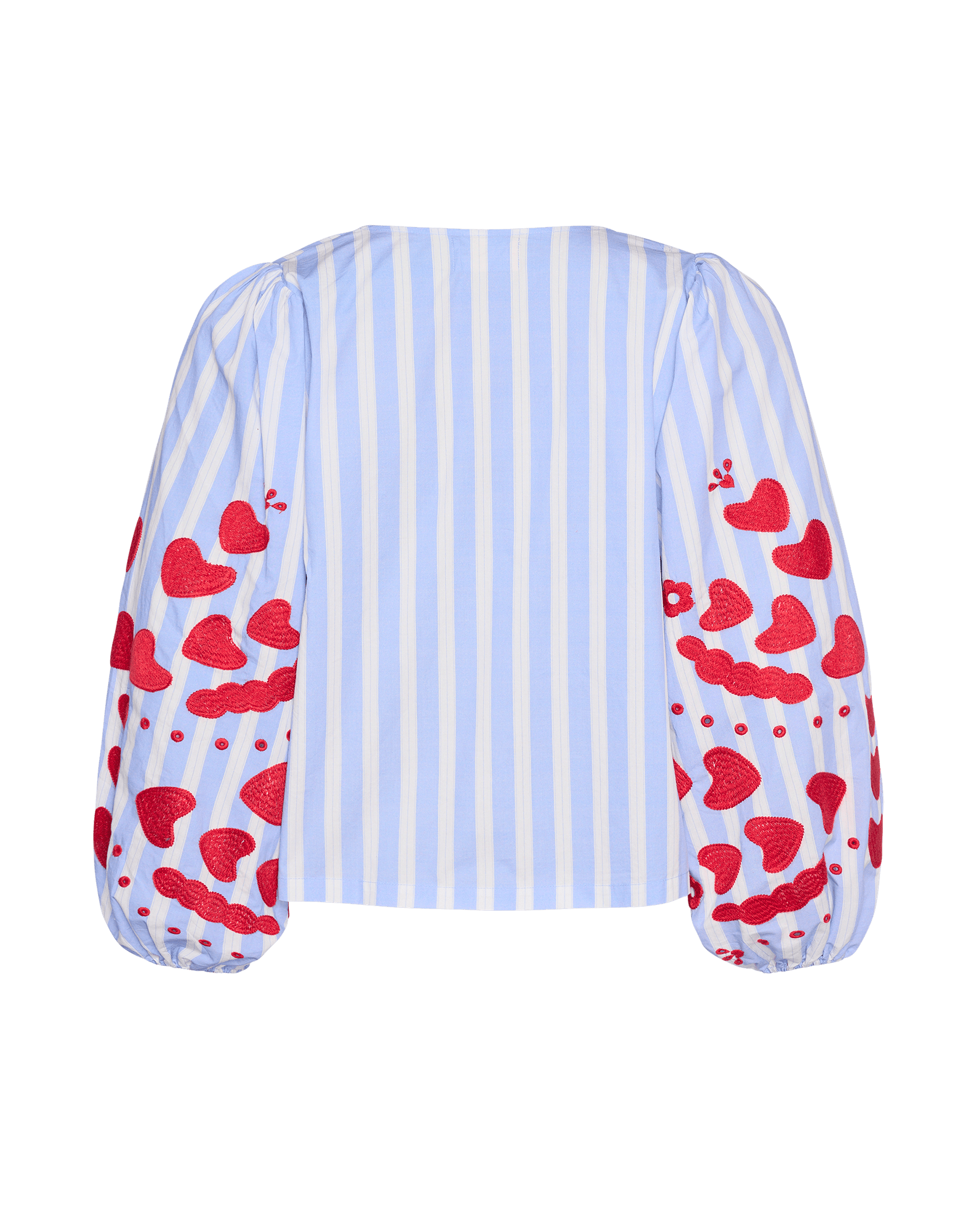 Back of a blue and white stripe women's top with long sleeves and pink heart embroidery.