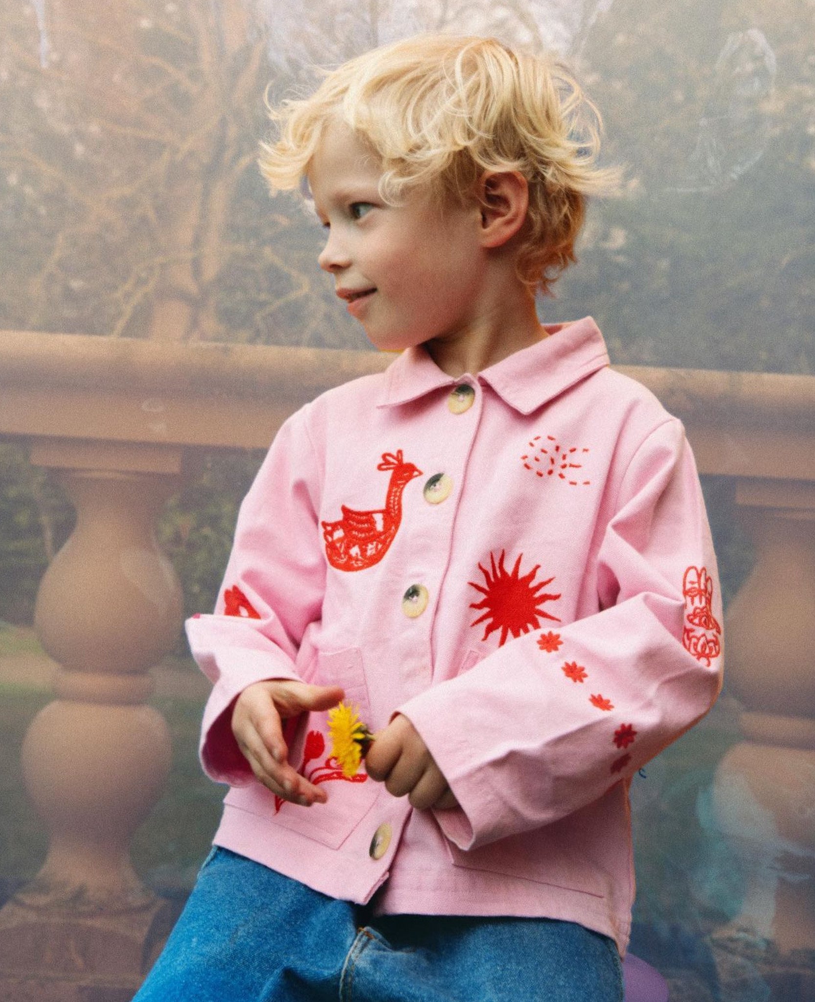 Toddler wearing a jacket in Rose Pink and jeans - ANNIE.G
