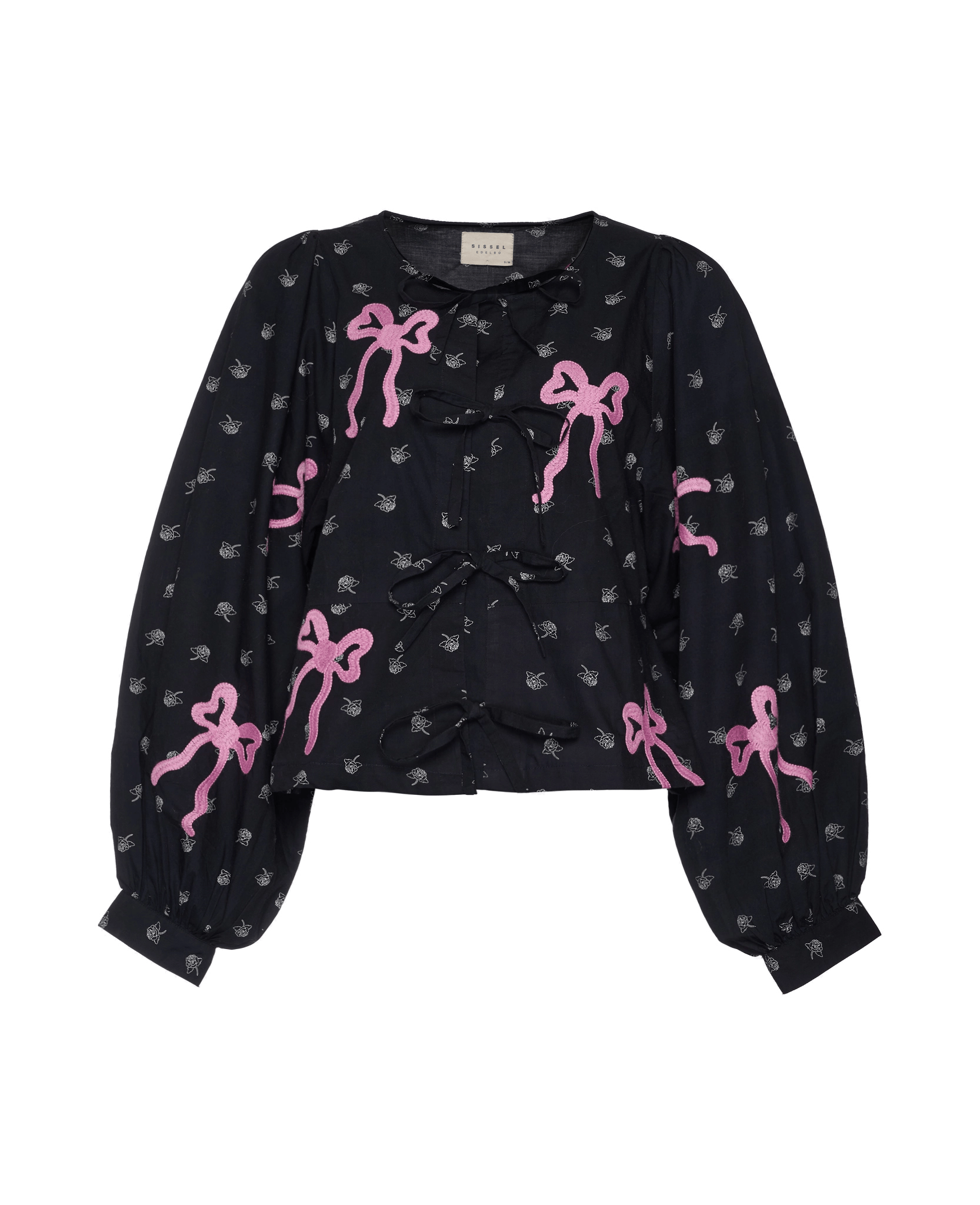 Black blouse with pink bow patterns.