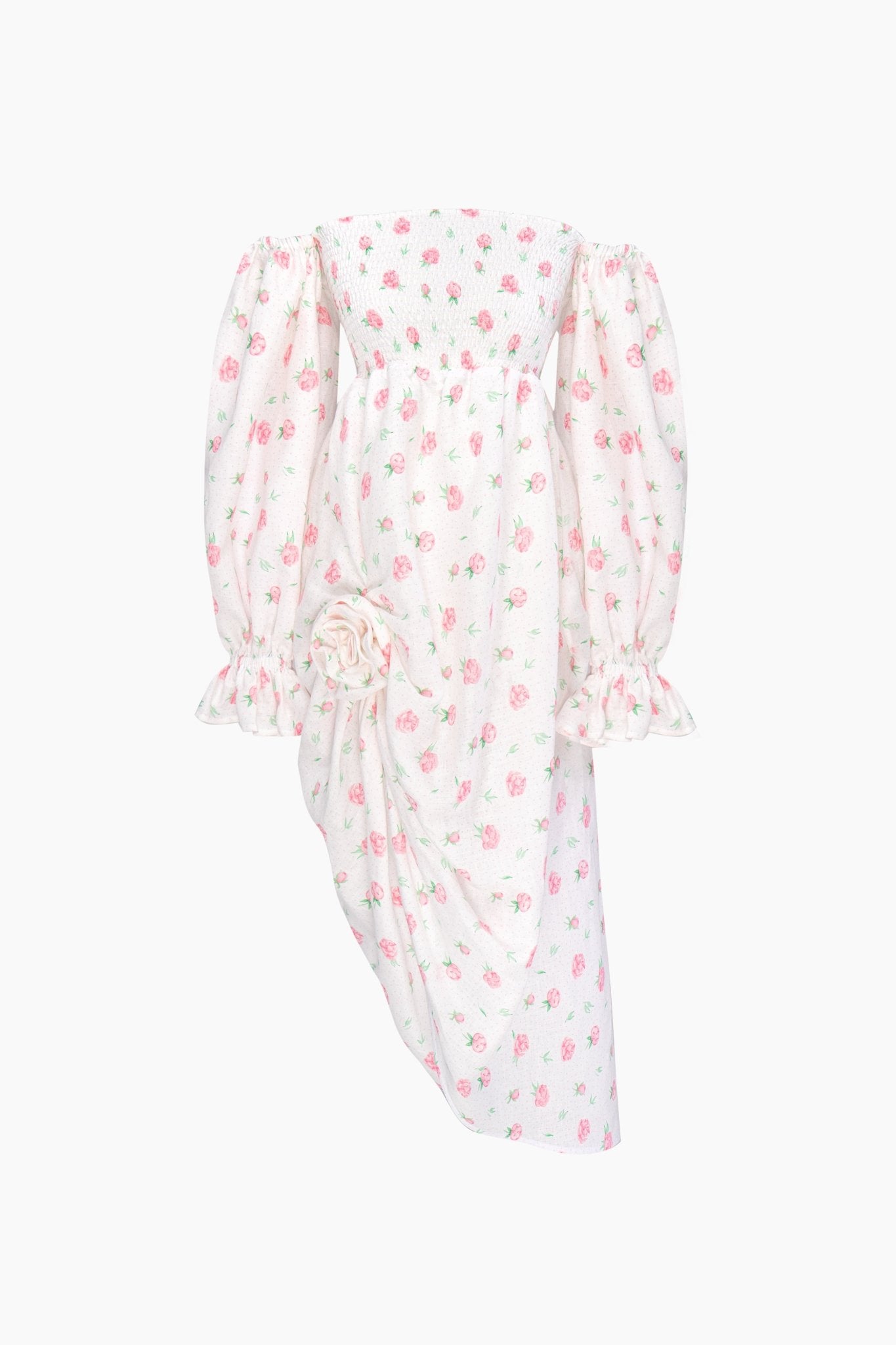 Women's white with rose print linen dress with handcrafted rosette at front slit, shirred bodice and long billowing sleeves.