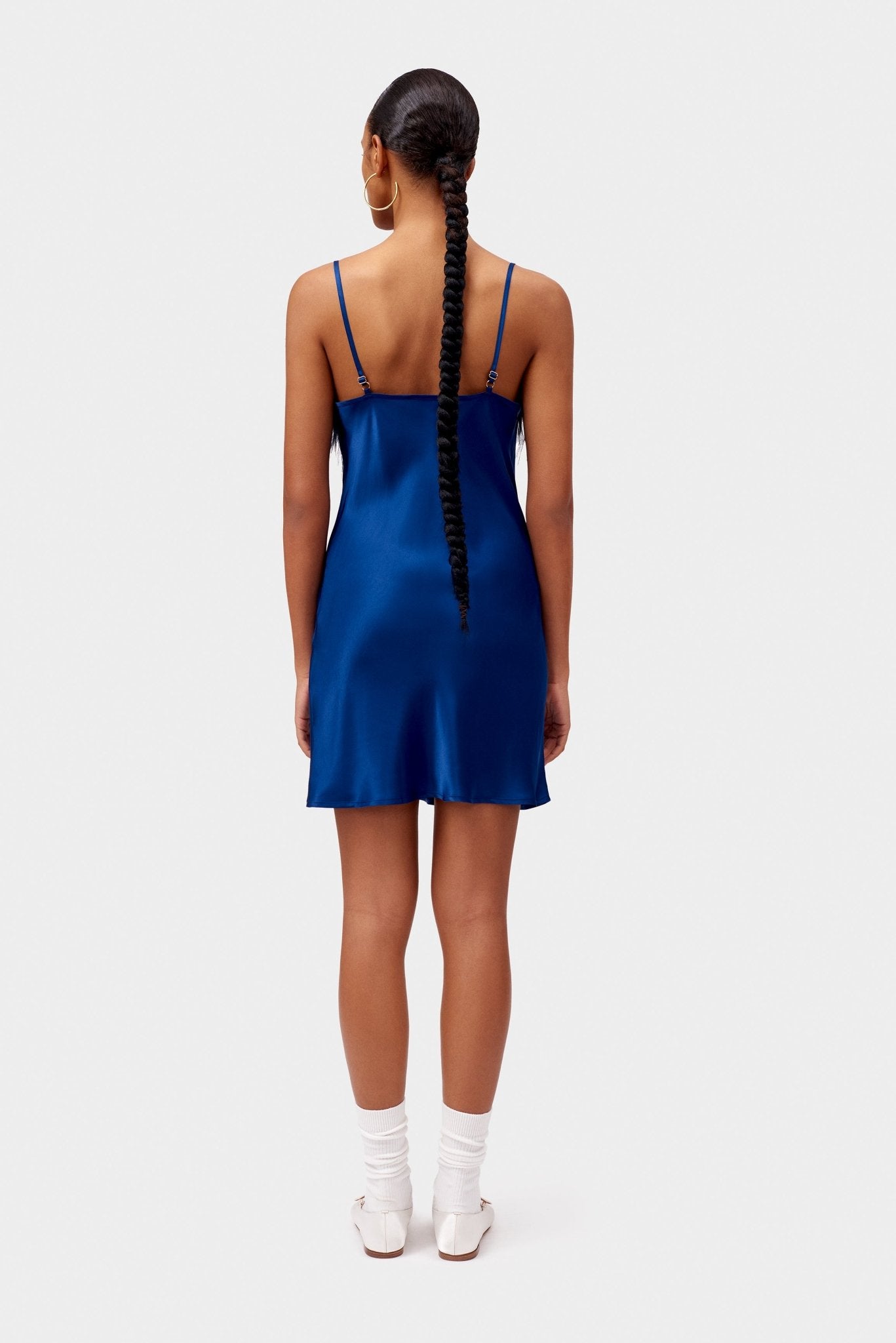Back of lingerie mini slip dress in navy.