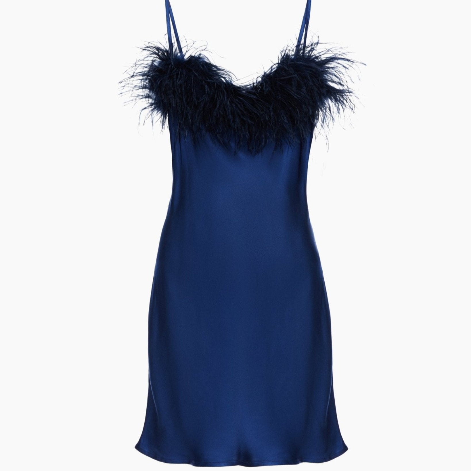 Flowy mini slip dress with feathers in navy.