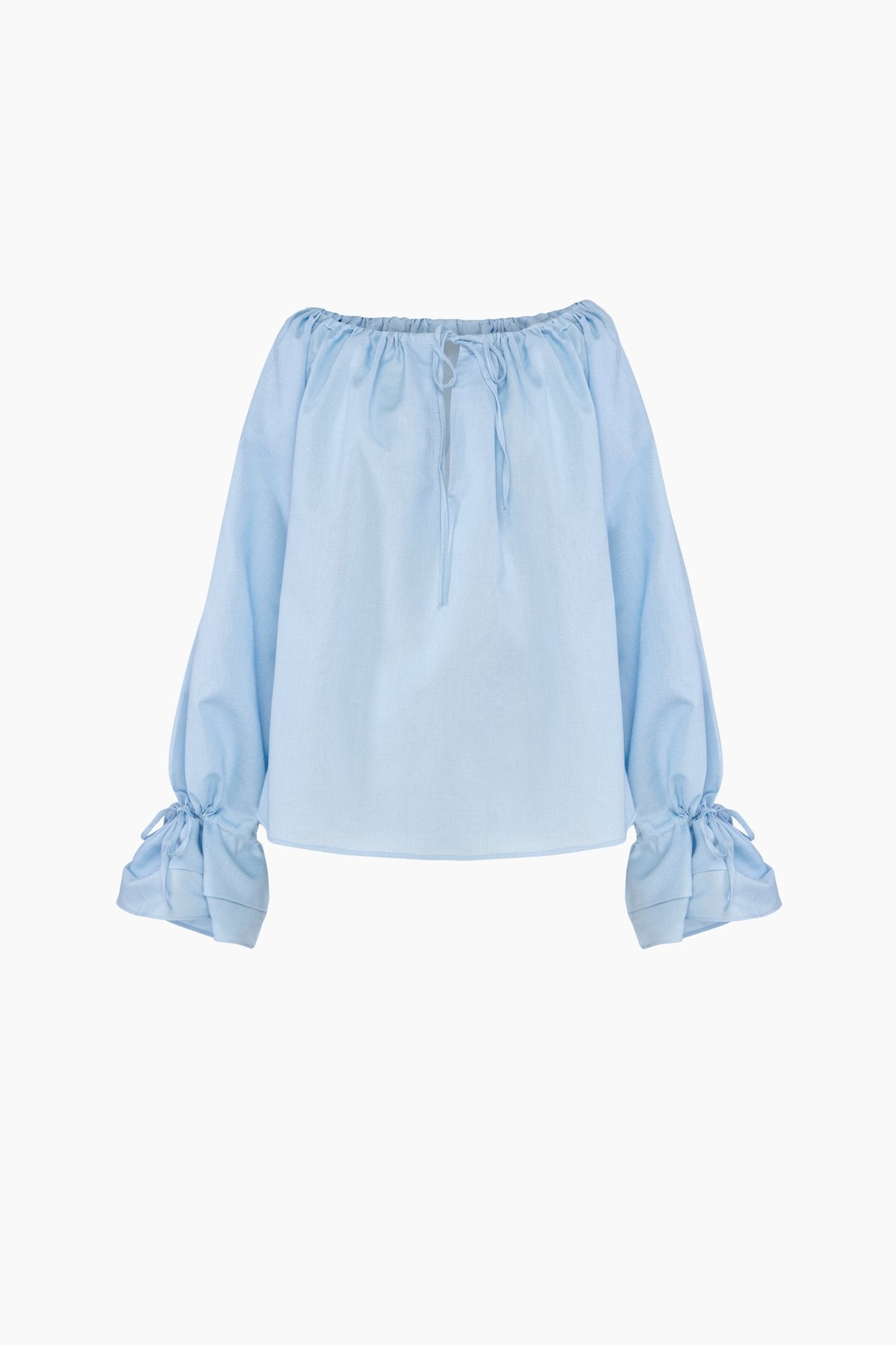 Blue linen shirt with long sleeves and drawstring ties on cuffs and neckline.
