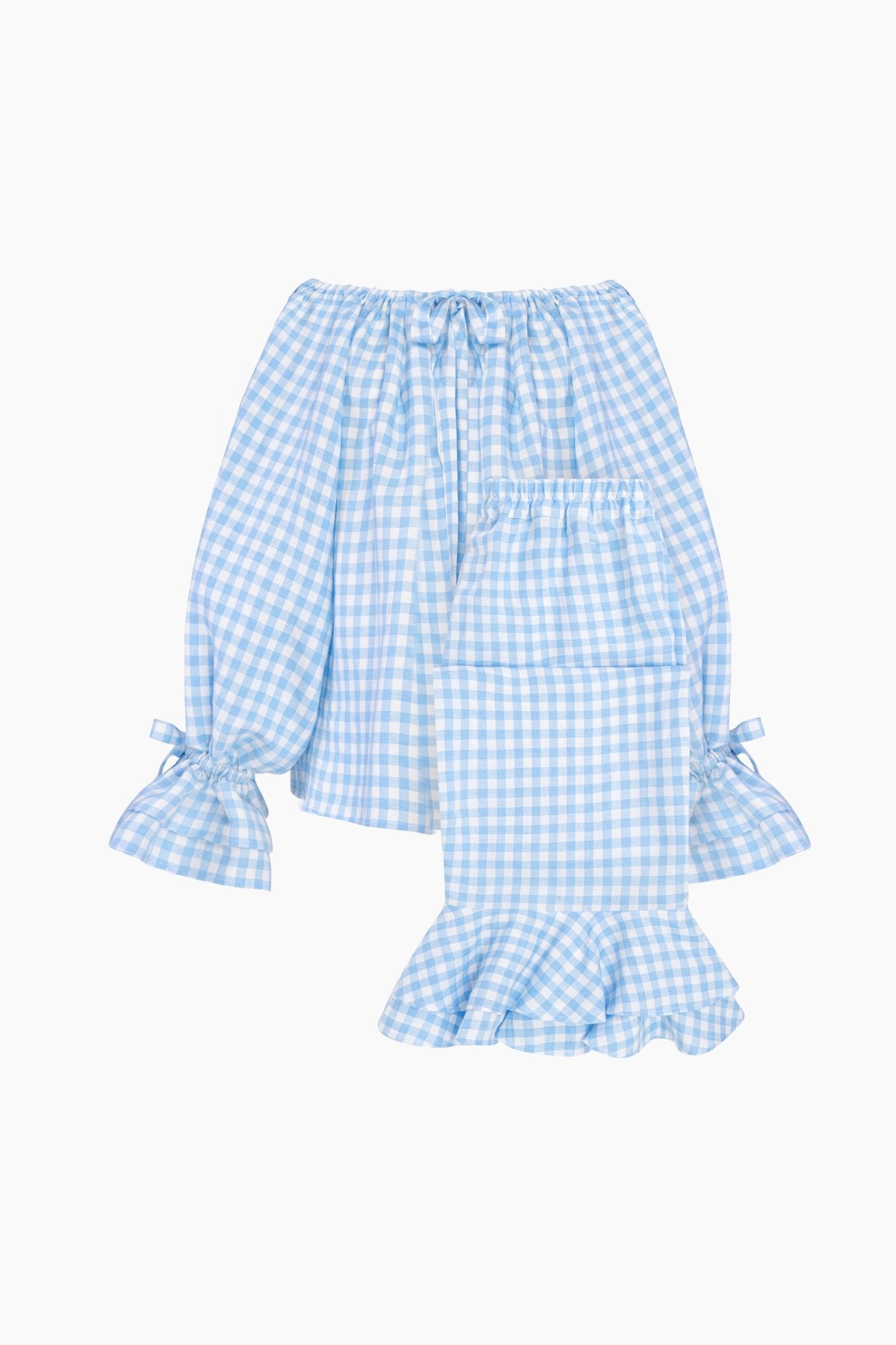 Blue gingham top with drawstings and pants with ruffles linen Lounge Set - ANNIE.G
