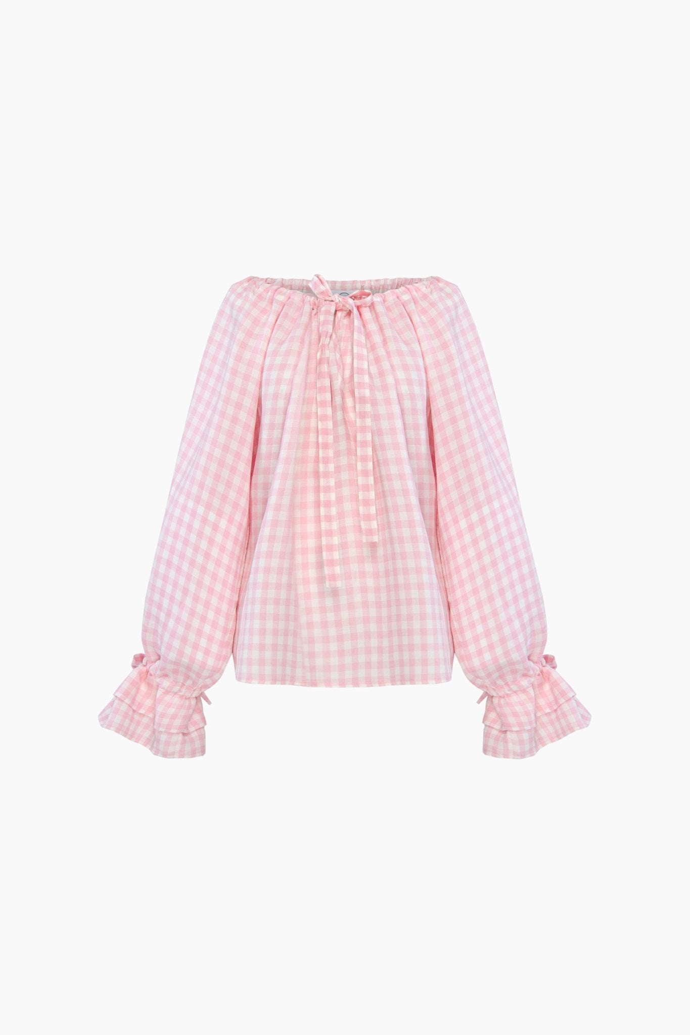 linen-lounge-blouse-in-pink-vichy-with-long-sleeves-with-ties-and-adjustable-round-neck-with-ties-flatlay
