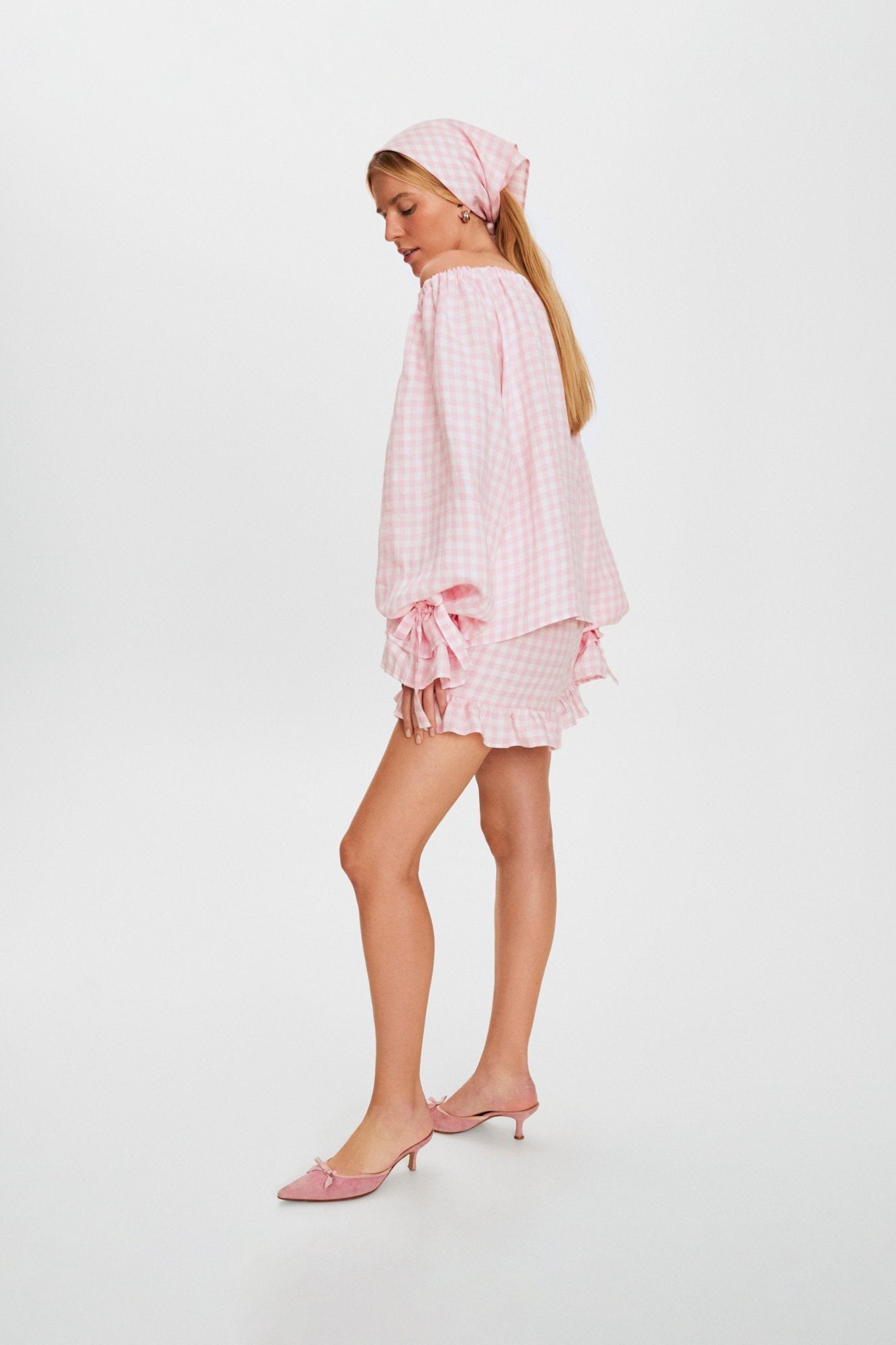 Side view of a woman wearing pin vichy Lounge Short with Headscarf and top - ANNIE.G