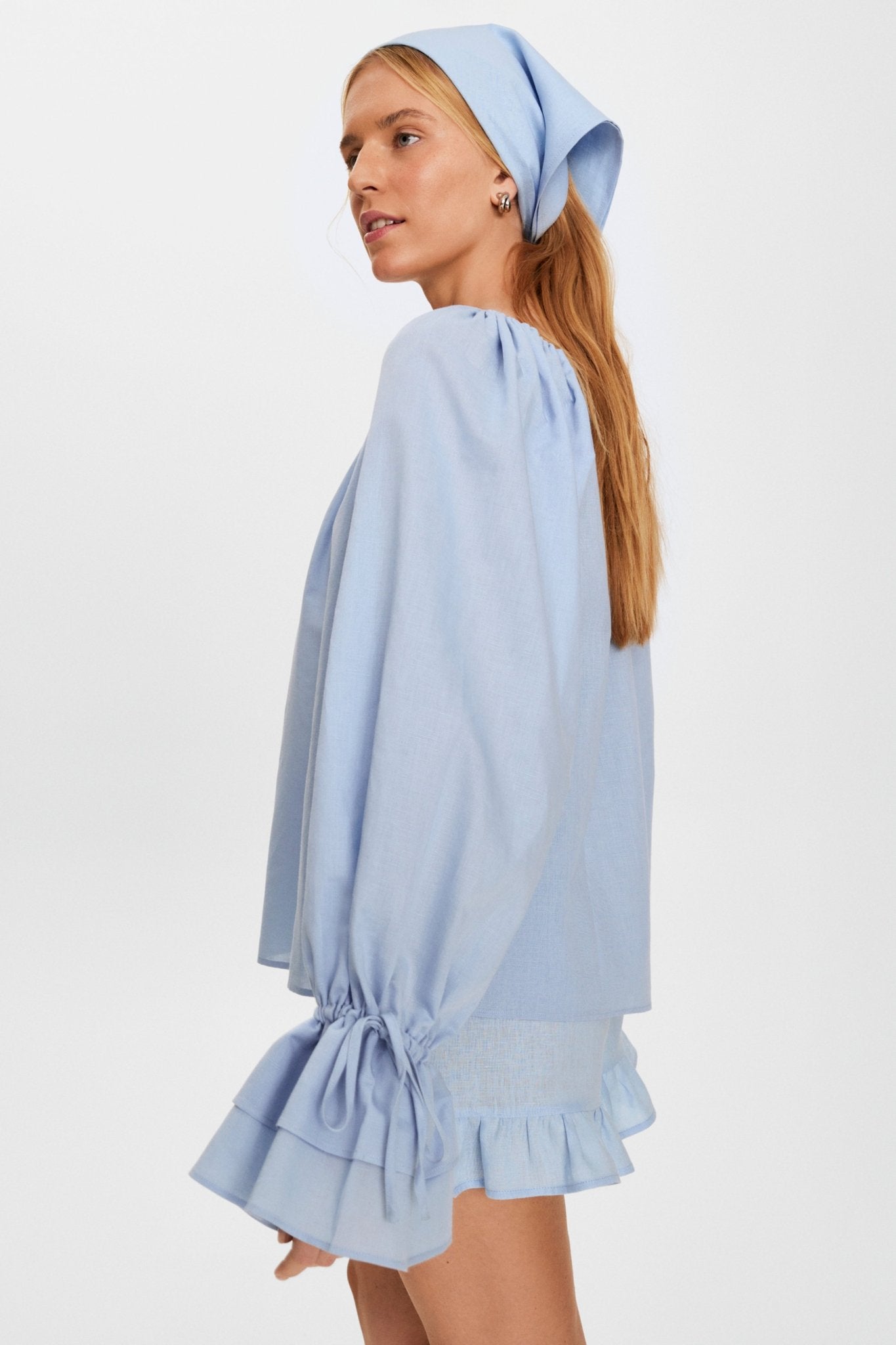woman wearing Blue long sleeve top, Lounge Short with Headscarf - ANNIE.G