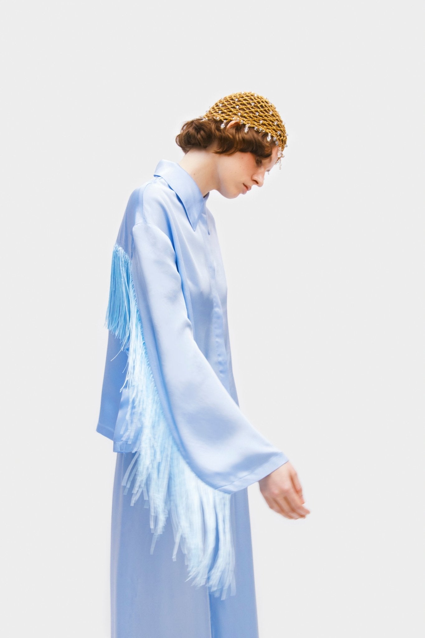 Side view of a person wearing blue Cosmic Cowboy Fringed Pyjama Set - ANNIE.G