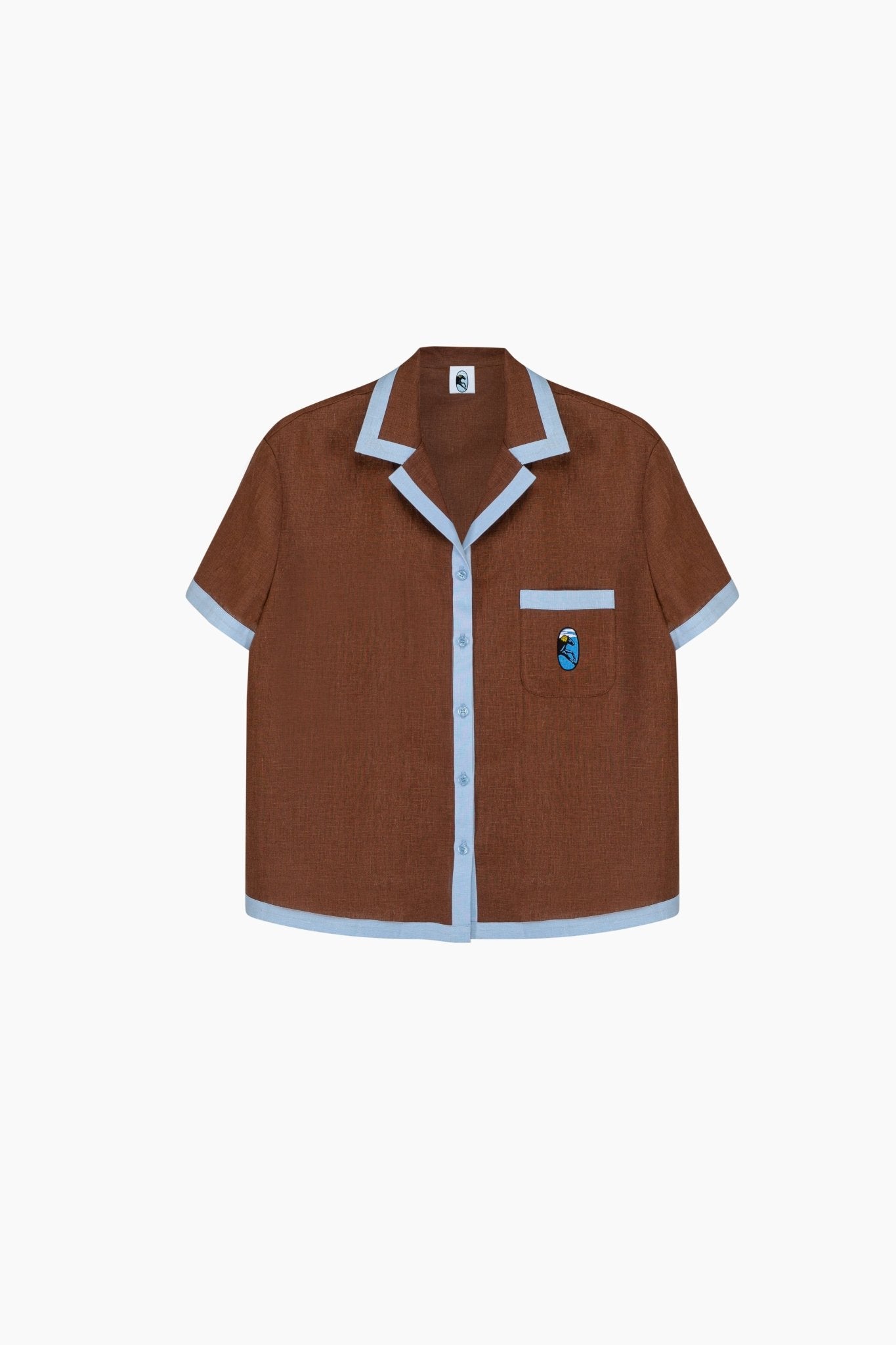 Garrick Embroidered Linen Short Sleeved Shirt in Brown - ANNIE.G