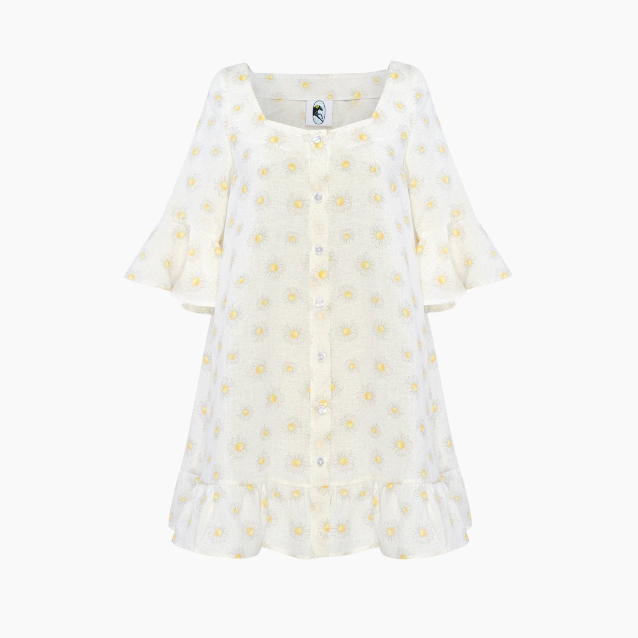 womens-linen-mini-dress-with-daisy-print-short-ruffle-hem-sleeves-and-hem-with-front-buttons