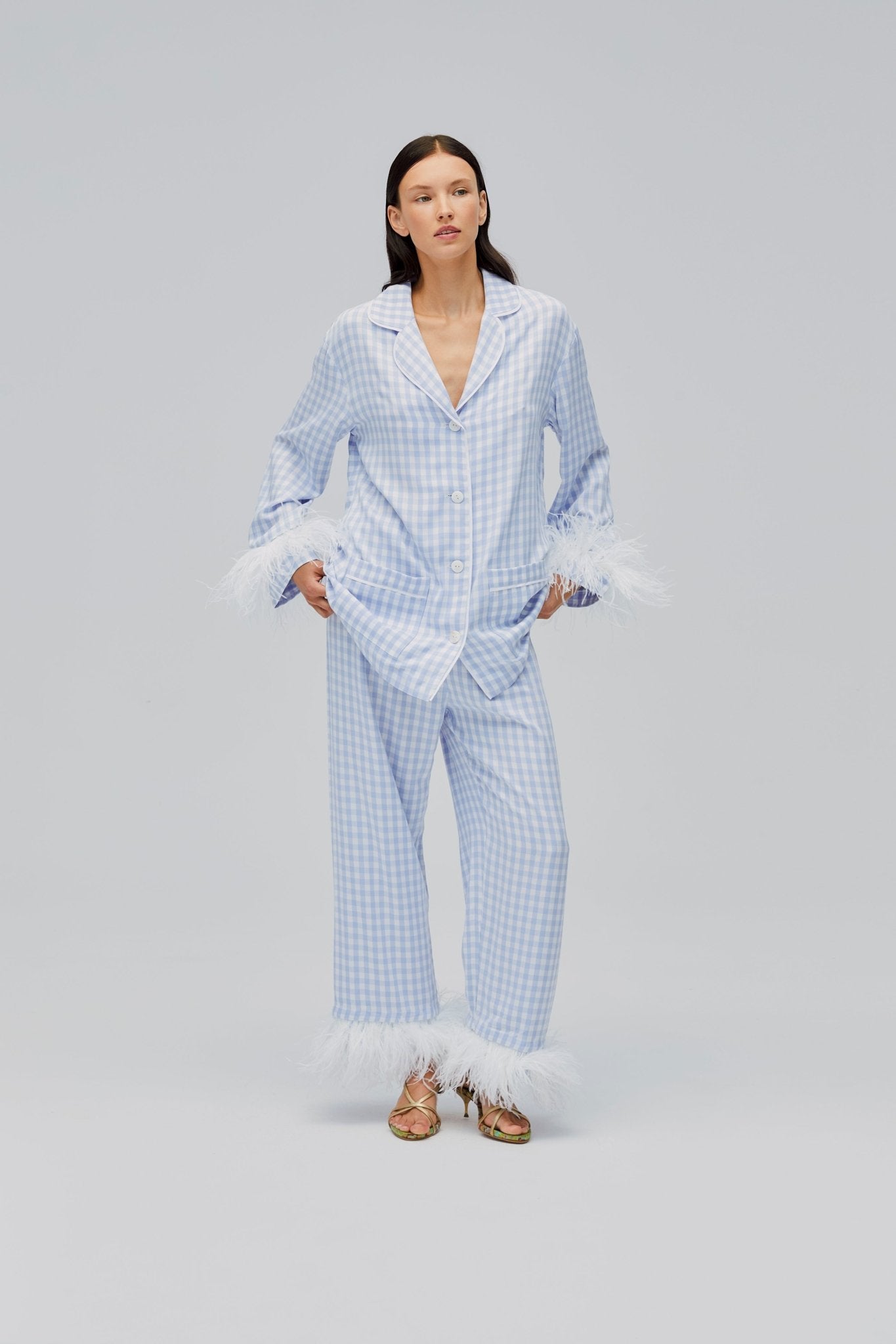 Woman wearing Party Pyjamas Set with Detachable Feathers in Blue Vichy - ANNIE.G