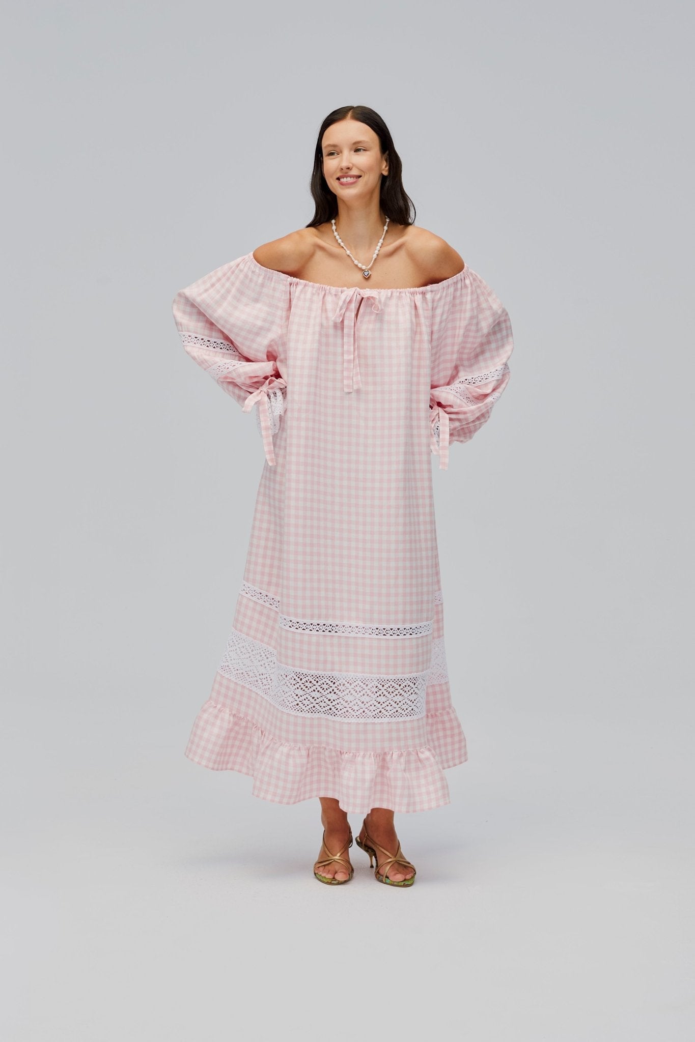 open lace back dress Sleper Romantica Lounge Dress in Pink Vichy