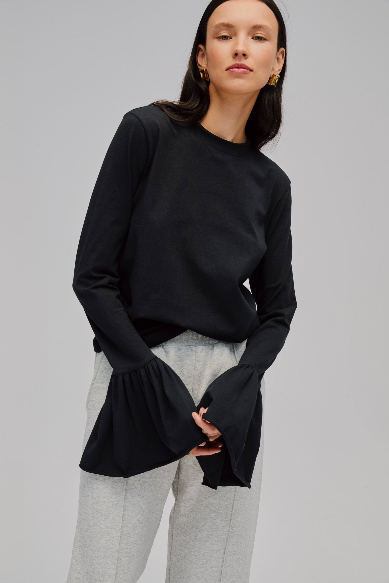 Ruffled Long Sleeve Stretch Cotton Jersey T-shirt - ANNIE.G