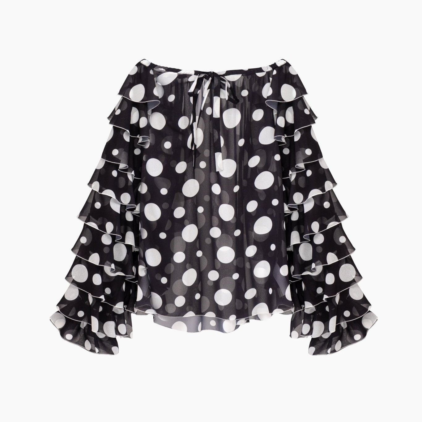 black with white dots ruffled long sleeve chiffon Polka - dot Shirt.