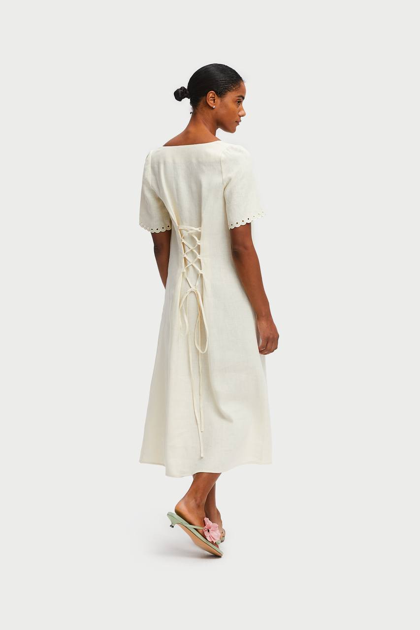 Back of cream Sofia Linen Embroidered Midi Dress - ANNIE.G