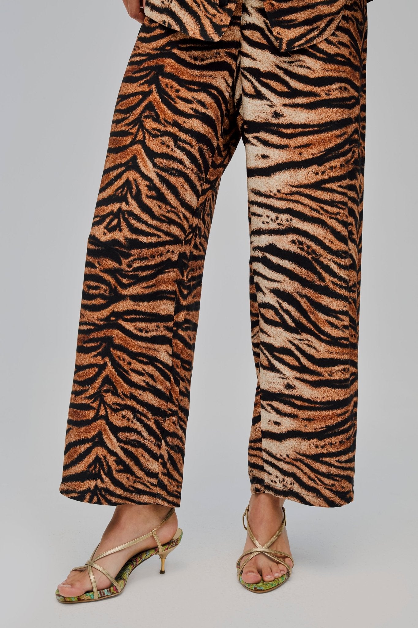 Person wearing a pair of long tiger print pyjama pants.