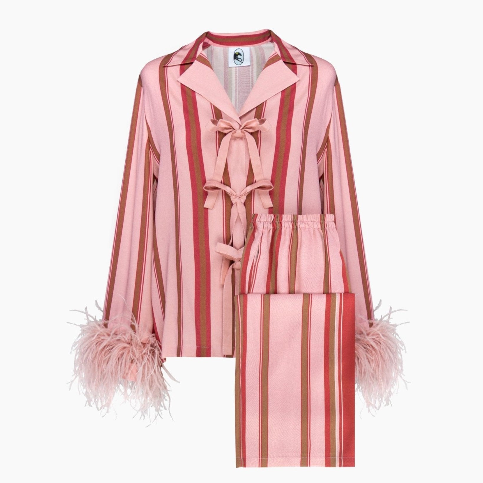 Pink and red striped pyjama shirt and pants with pink feather cuffs and three contrasting satin bow closures on shirt.