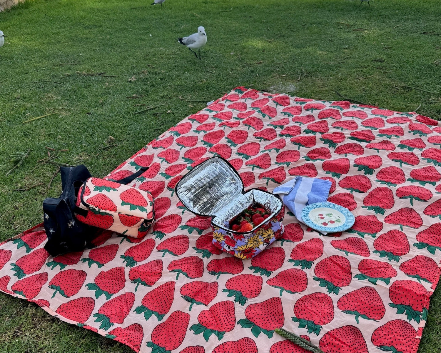 Strawberry print puffy and quilted picnic blanket with strawbeery lunch box and floral lunch bag, a plate and tea towel on grass near ocean