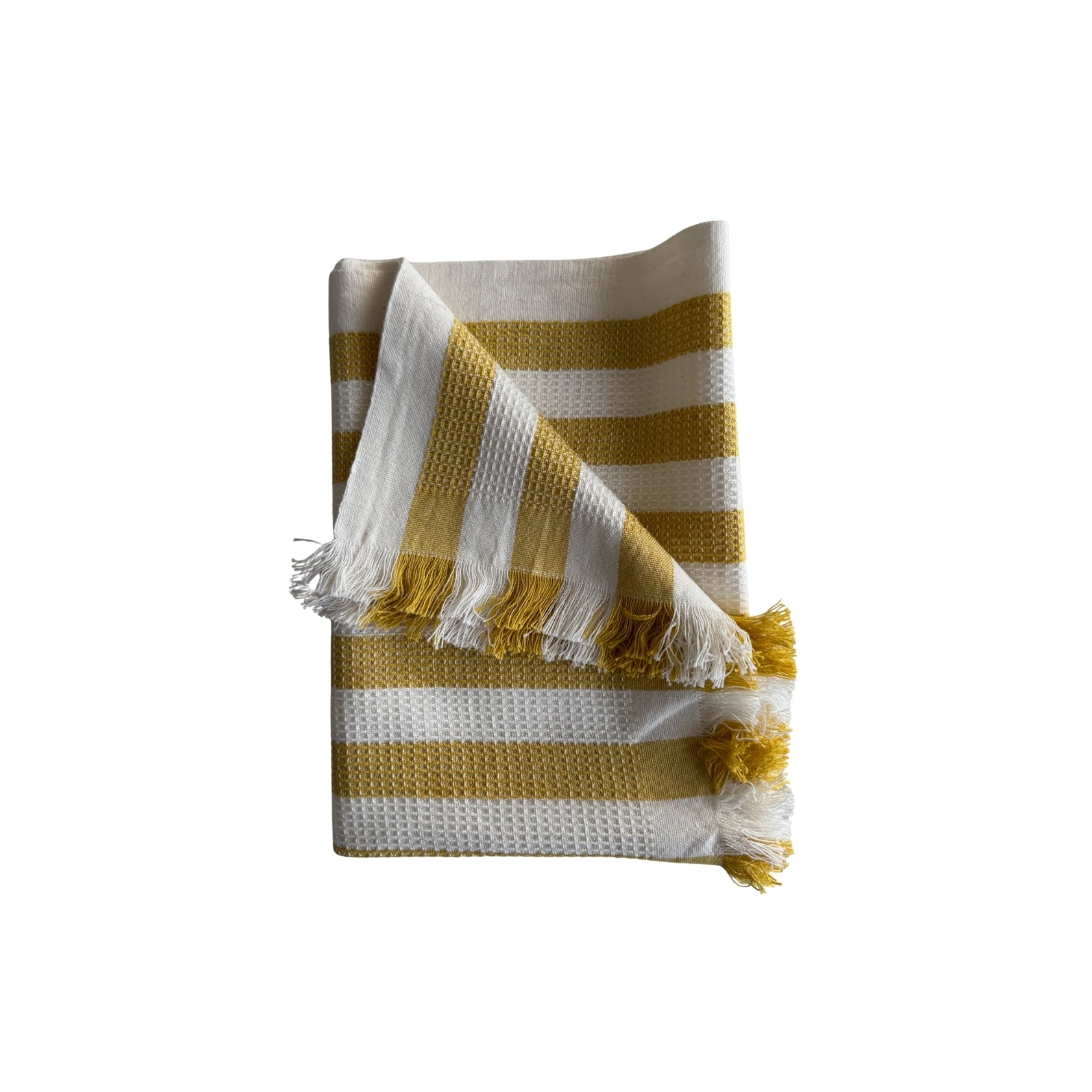 Striped yellow and white hand towel with fringe ends.