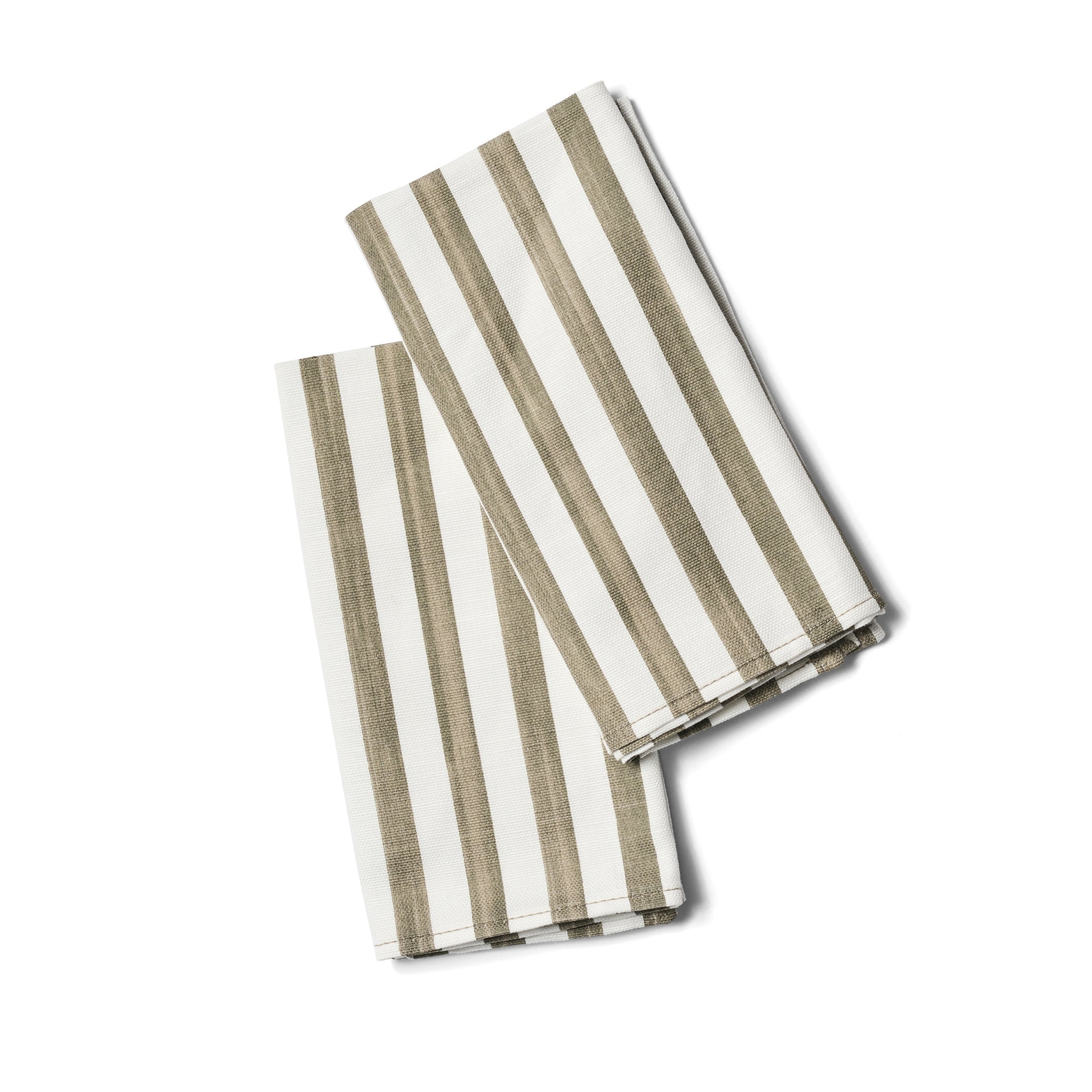 Two striped napkins with olive and white stripes folded.
