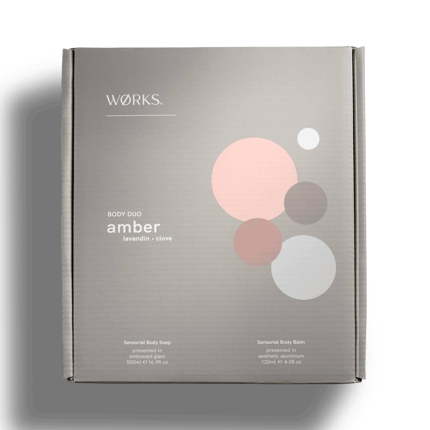 Grey box with 'Works' amber body duo and circle design packaging gift box.