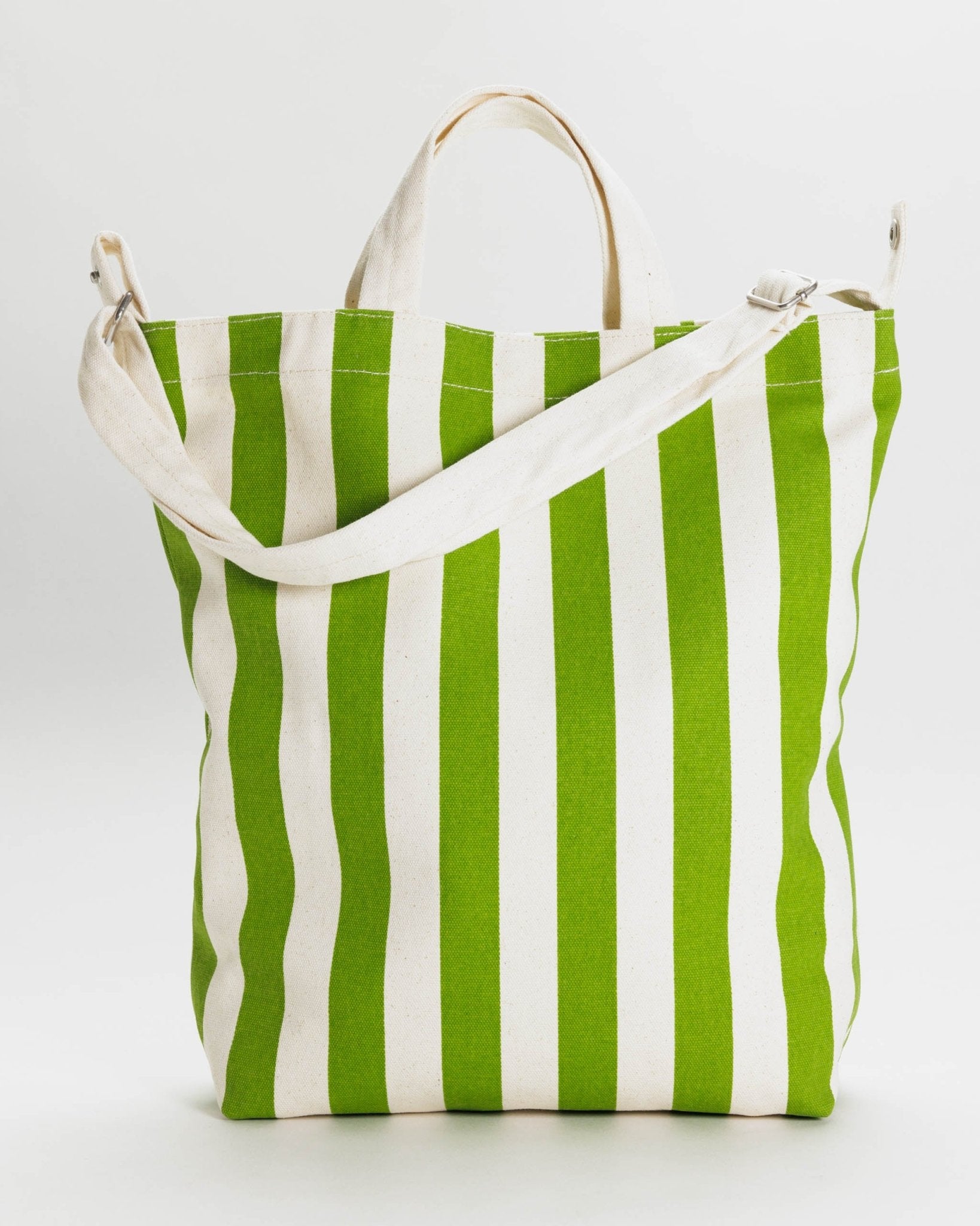 Green and white awning striped cotton canvas tote bag wth dual carry handles and adjustable shoulder strap - ANNIE.G