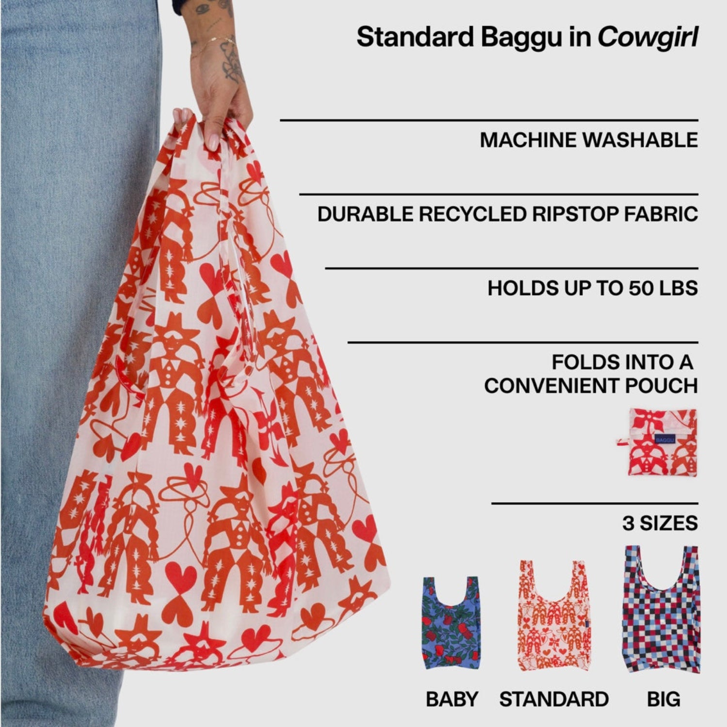 Baggu bag with cowgirl pattern held by a person, displayed with product features of baby, standard and big reusable bag.