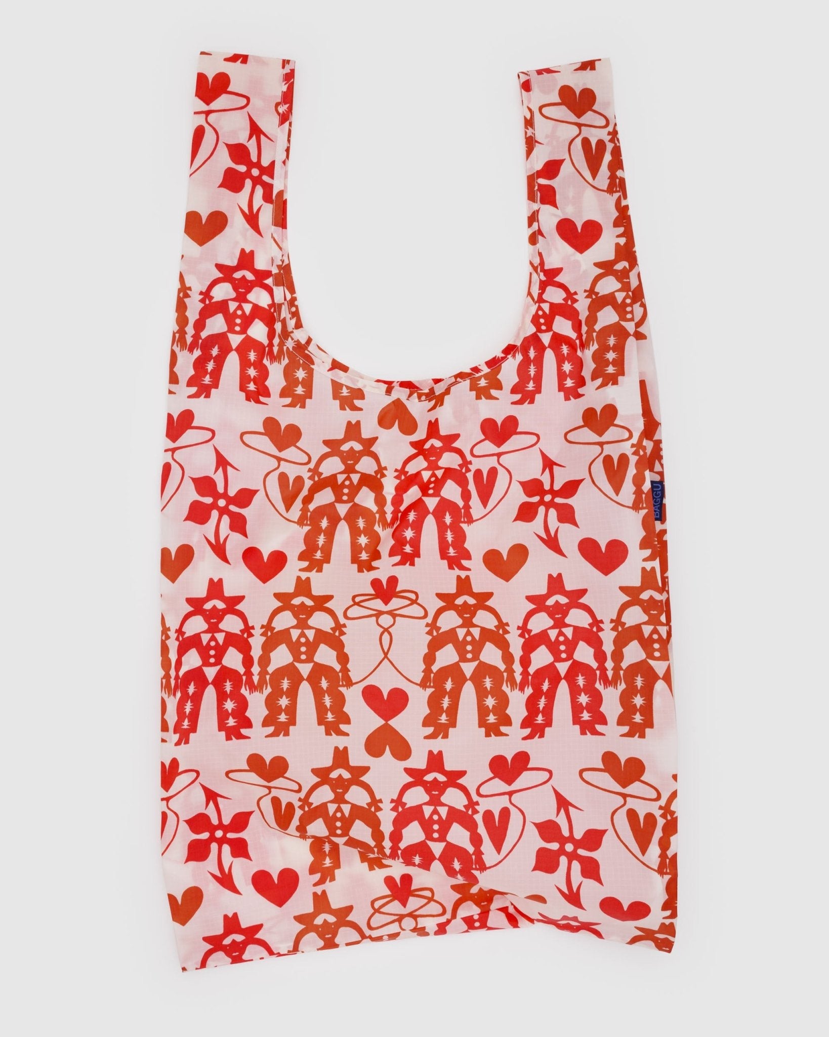 Cowgirl and hearts print reusable nylon tote bag.