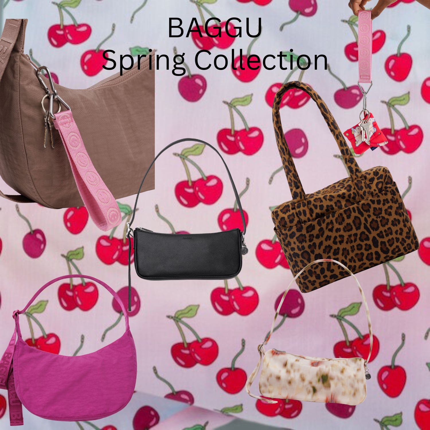 Collection of handbags with a cherry patterned background, featuring the brand 'Baggu'.