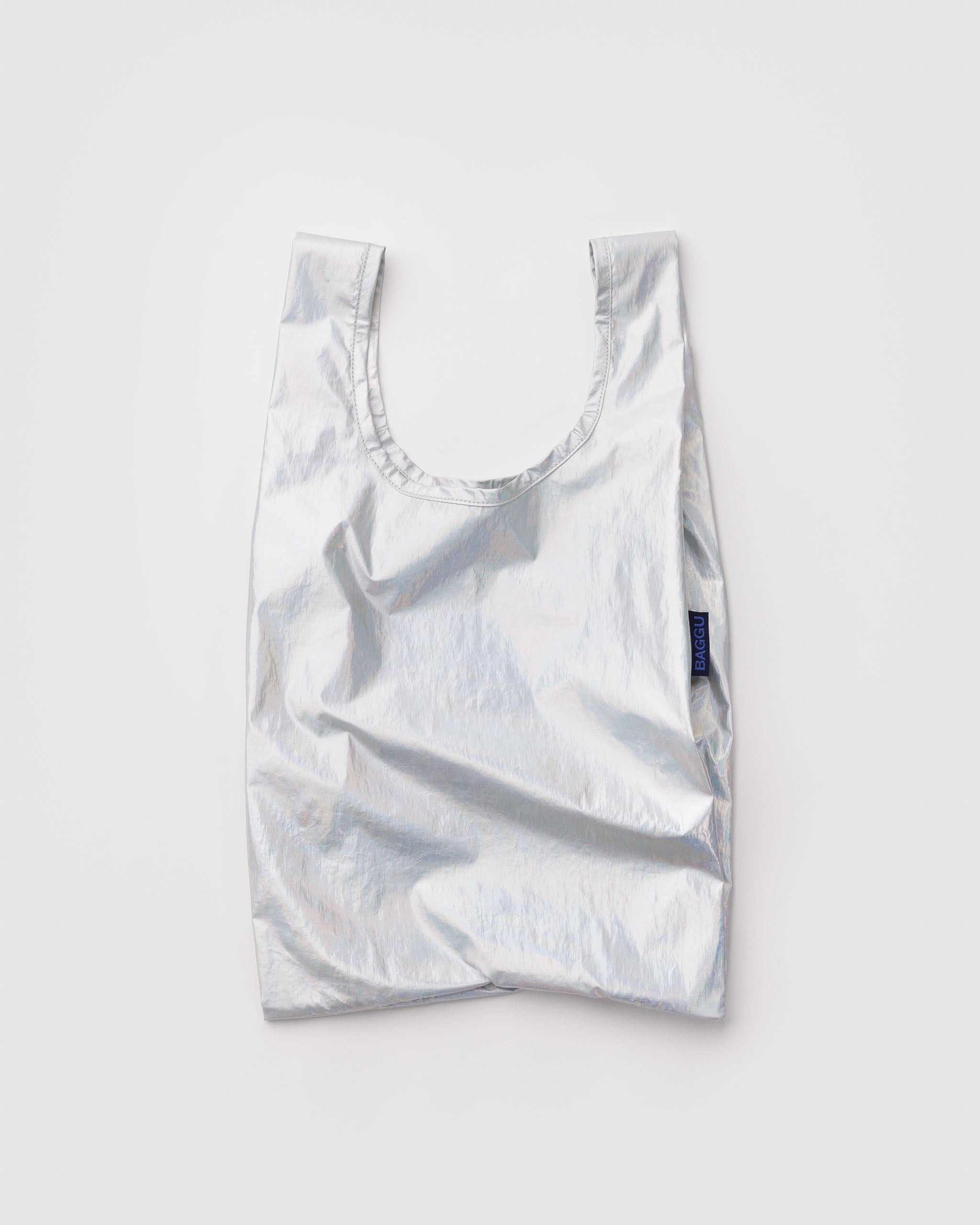 Metallic siler-grey reusable shopping tote bag with a brand logo.