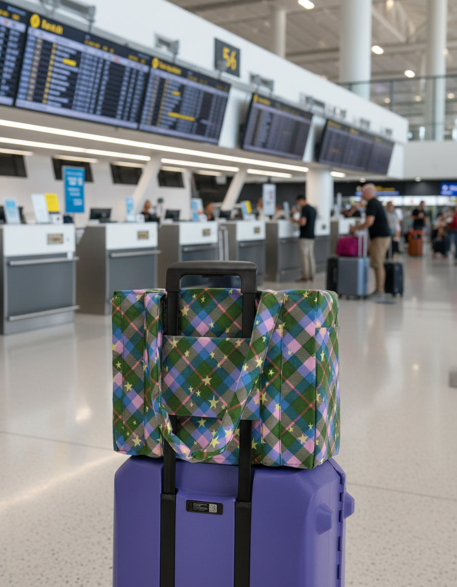 Purple suitcase with a colourful green and pink plaid patterned cover with yellow stars in an airport checkin area.