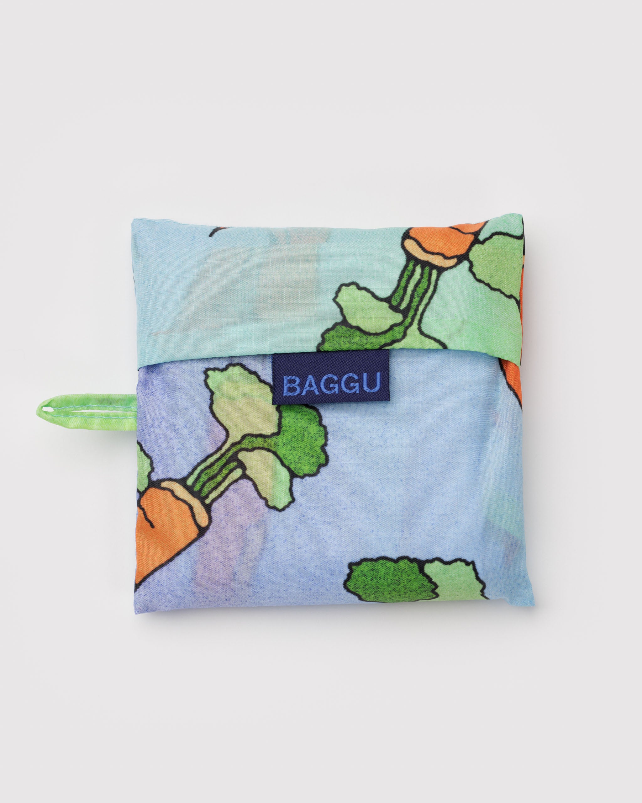 Blue and green pouch for standard baggu tote with carrot design, 'BAGGU' tag and hanging loop.