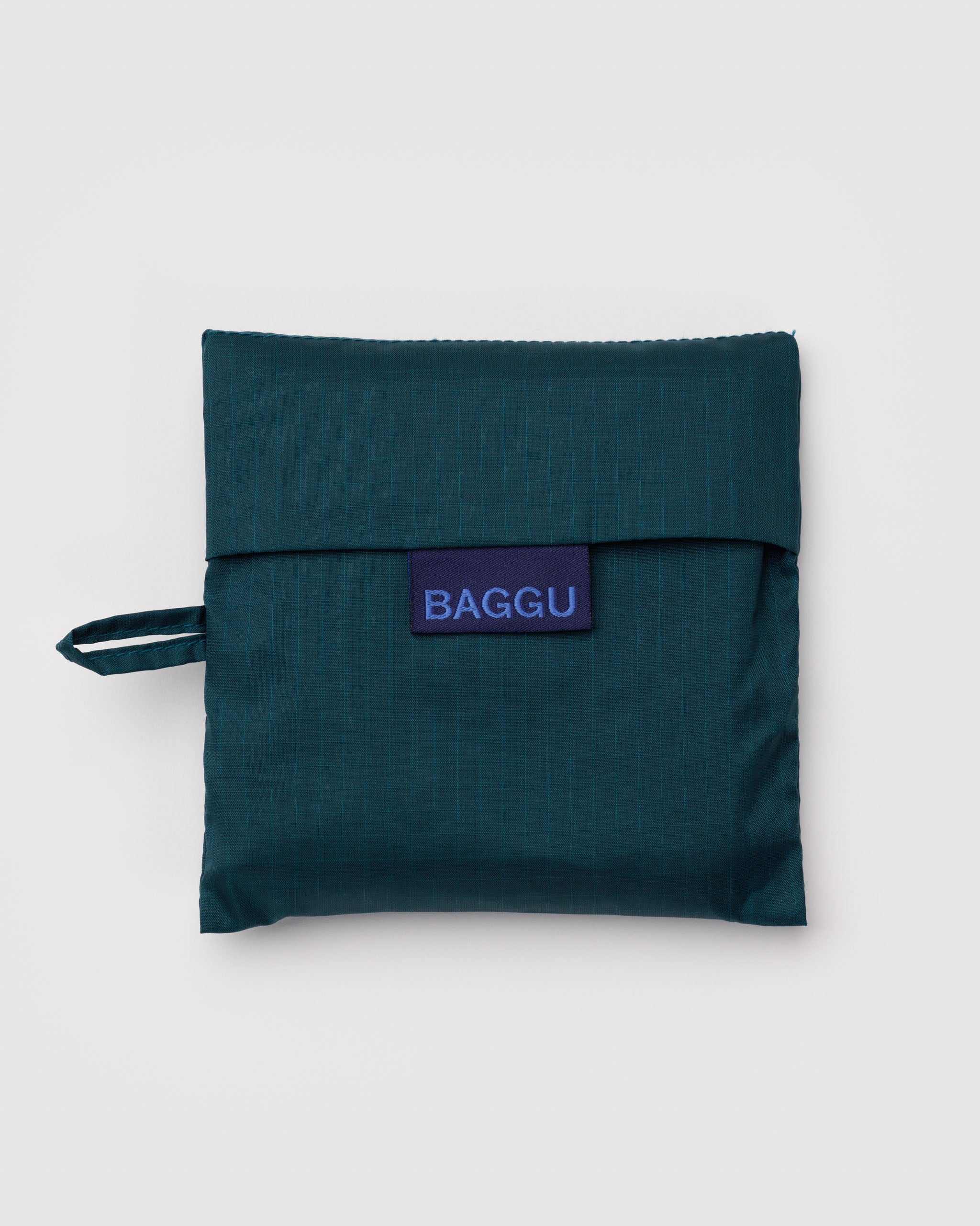 Teal reusable pouch with 'BAGGU' logo and hanging loop.
